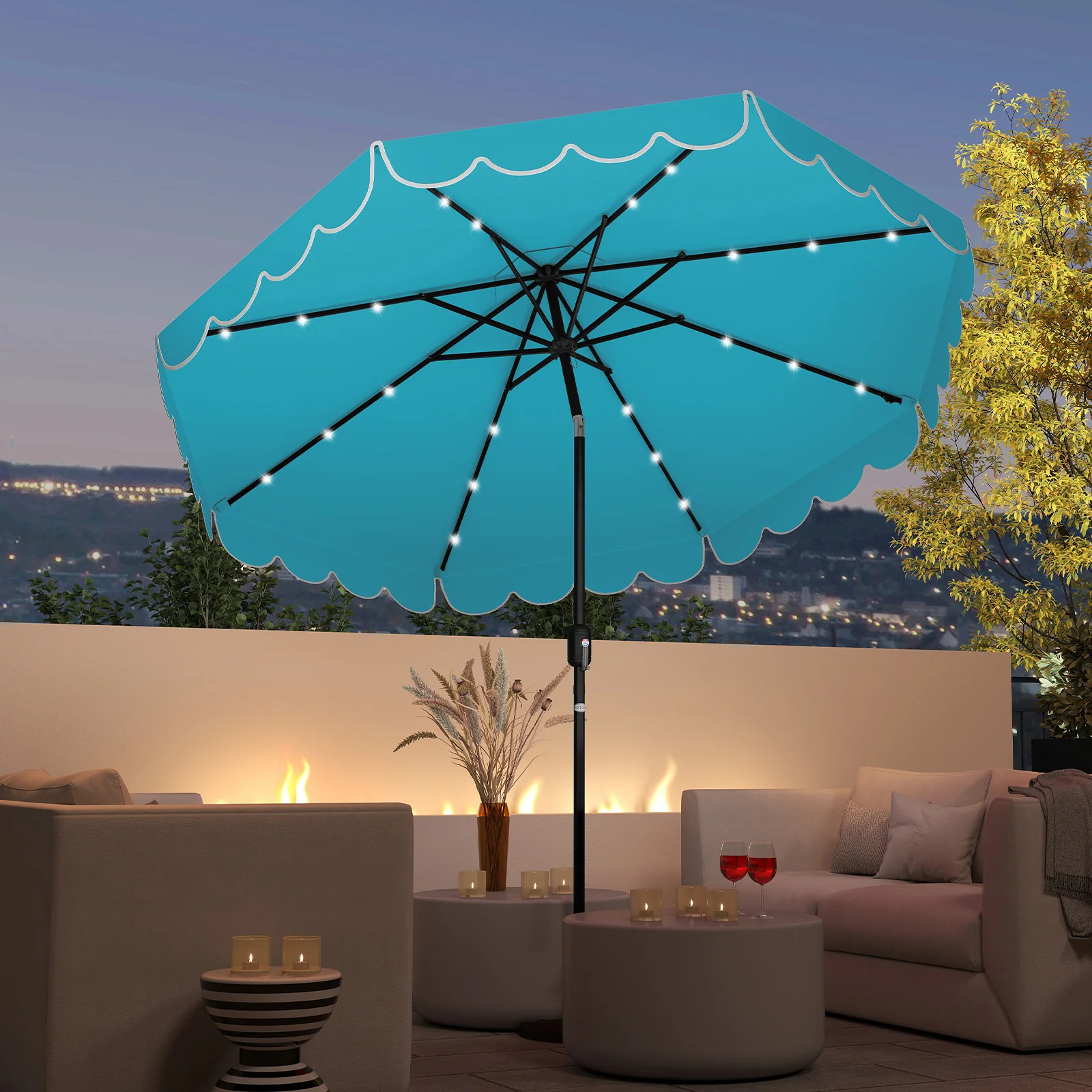 9.3 Feet Solar Patio Umbrella with 24 LED Lights Vented Top and Ruffles