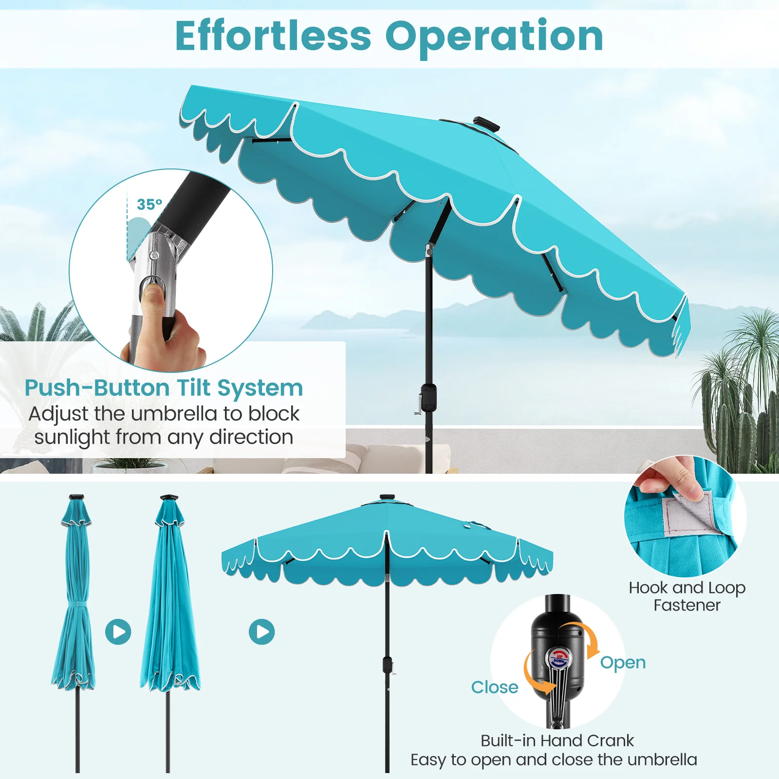 9.3 Feet Solar Patio Umbrella with 24 LED Lights Vented Top and Ruffles - Image 8
