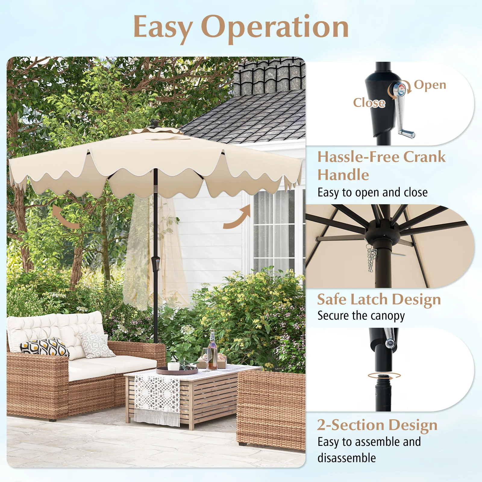 9 Feet Patio Umbrella with Crank Handle and Push Button Tilt - Image 8