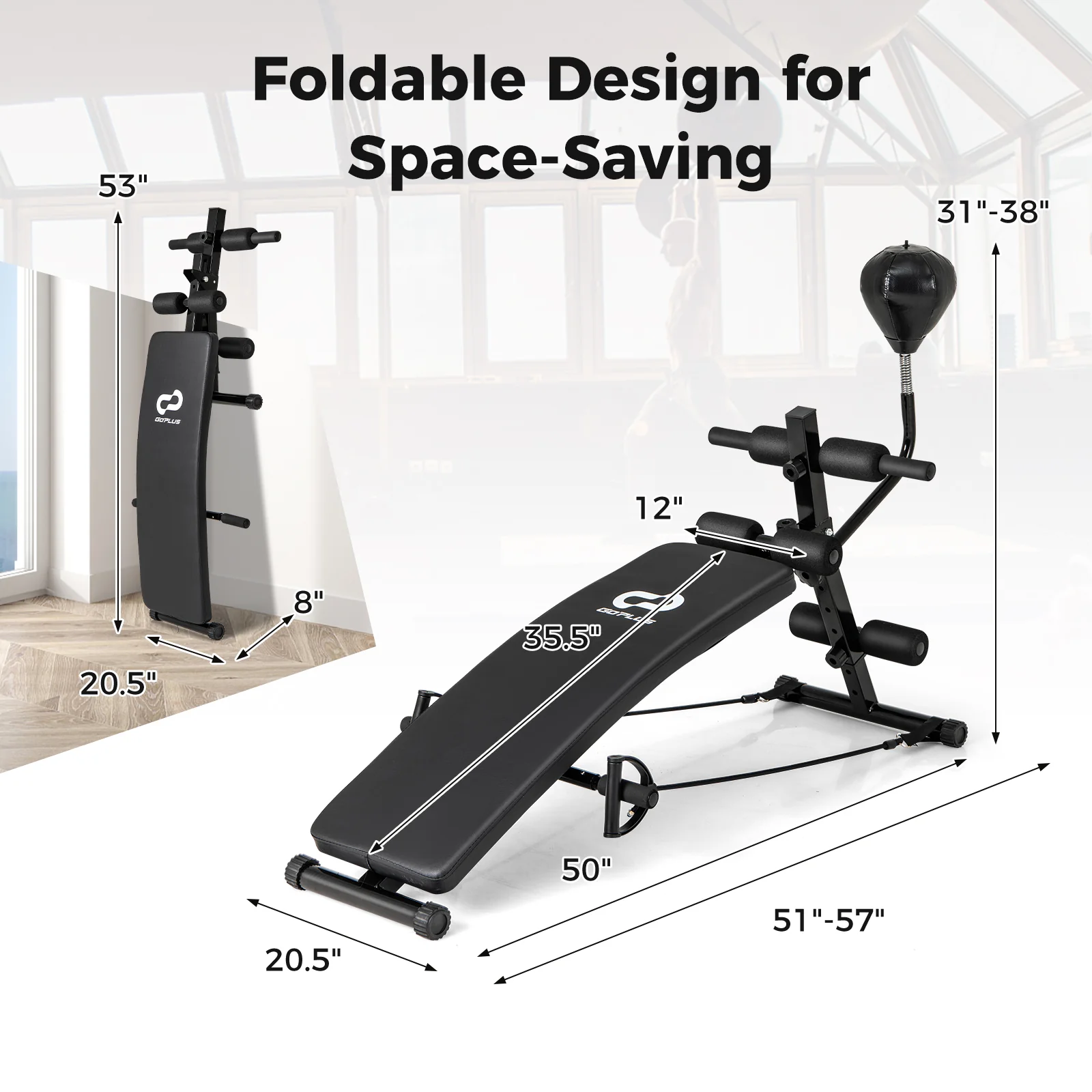Adjustable Decline Sit Up Bench for Exercise for Home Gym with Speed Ball and 2 Resistance Bands - Image 4