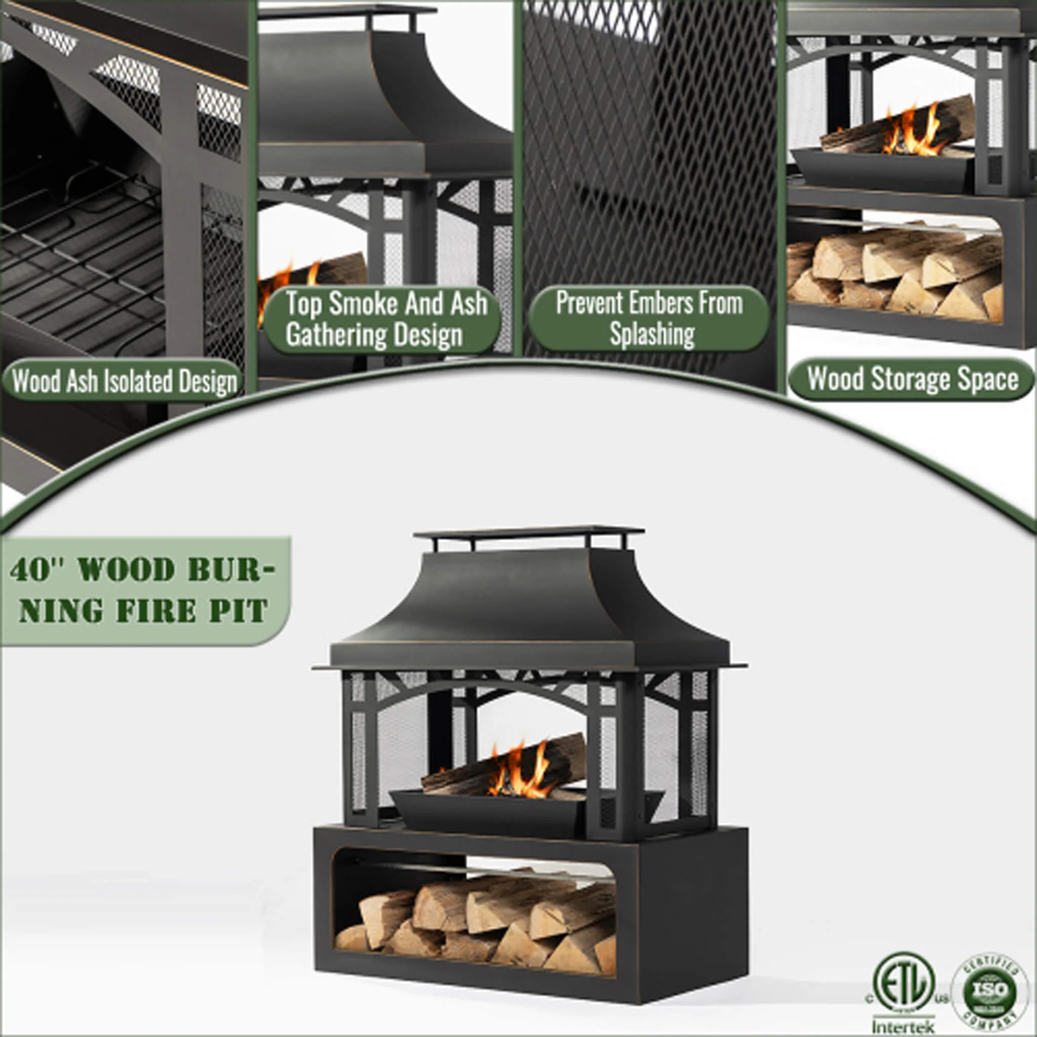 Alora 40-Inch Outdoor Steel Wood-Burning Backyard Fireplace Fire Pit - Image 6
