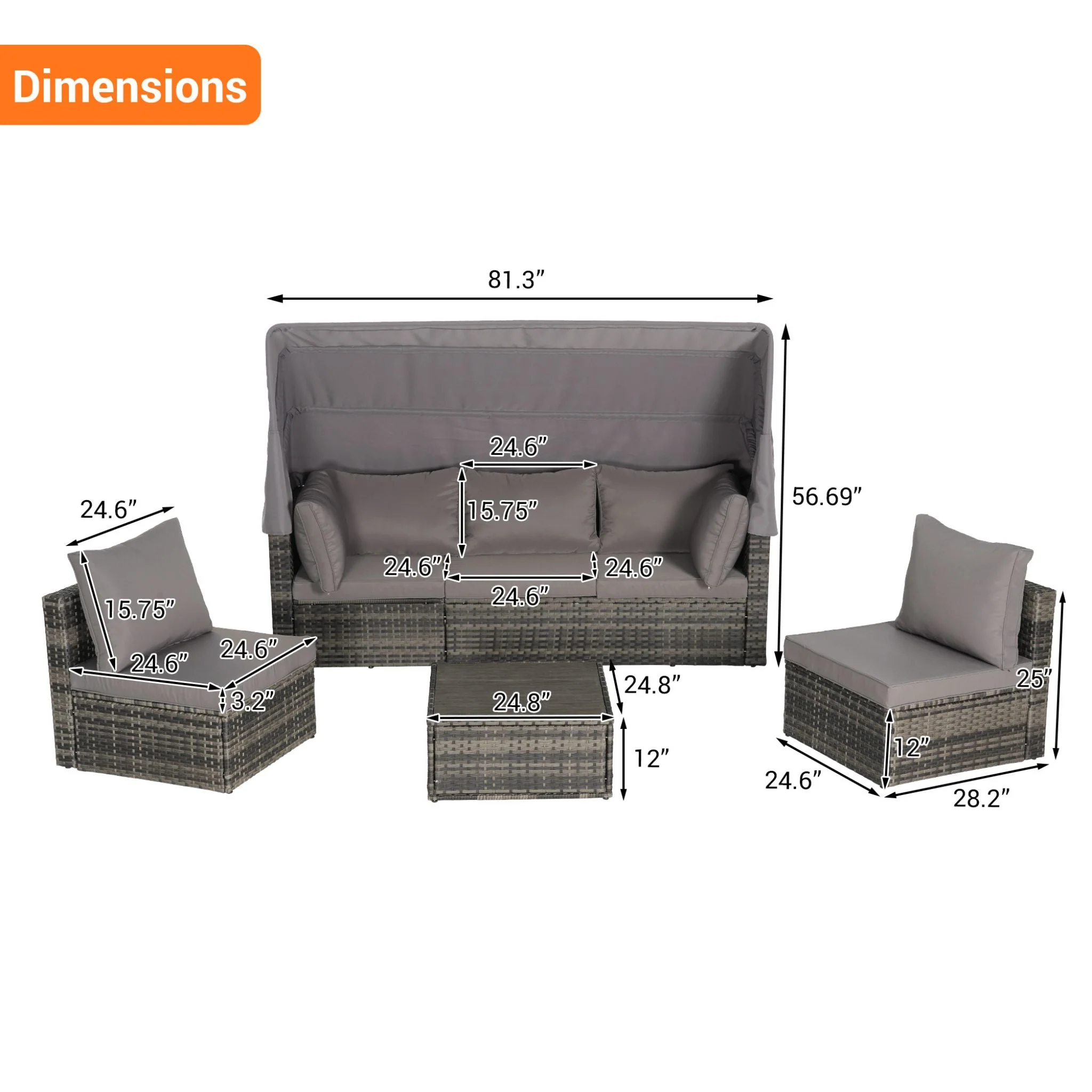 Alora 5-Piece Outdoor Patio Wicker Daybed Furniture Set With Retractable Canopy - Image 13