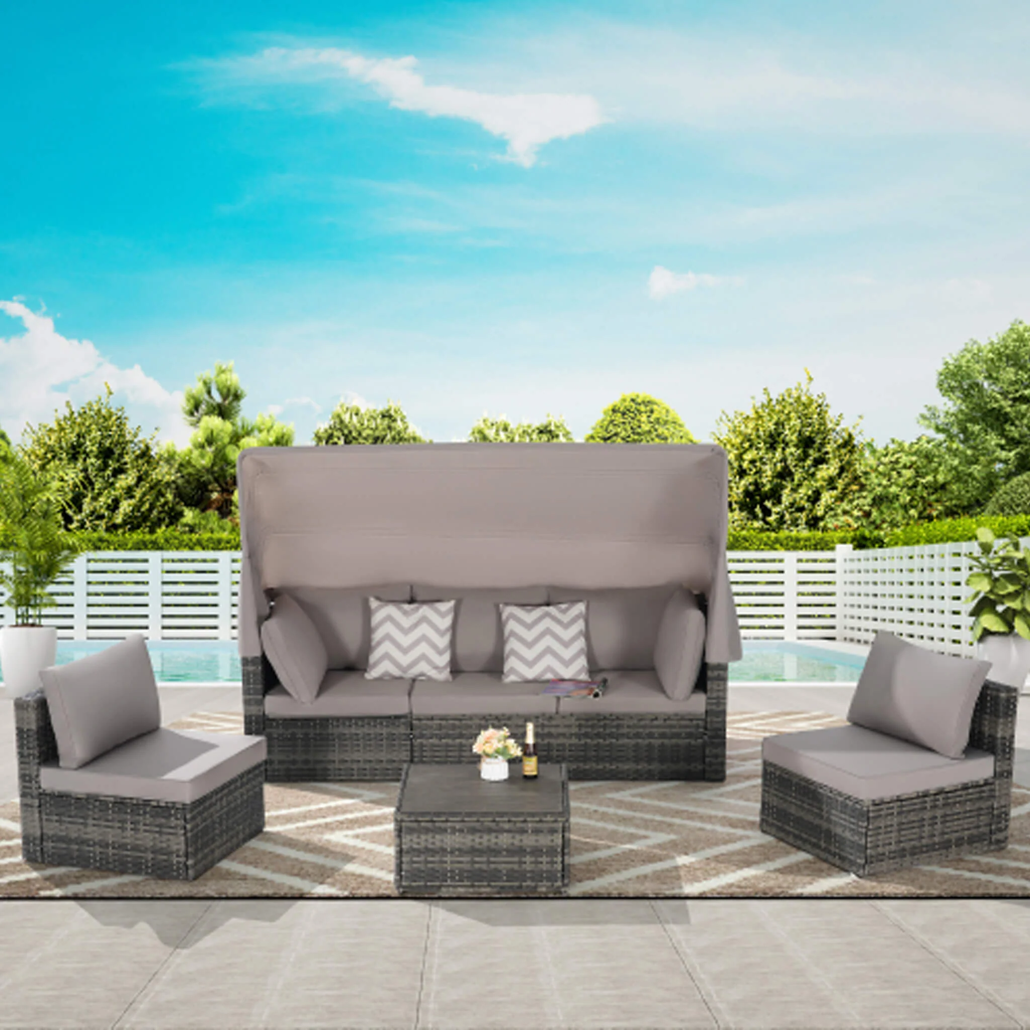 Alora 5-Piece Outdoor Patio Wicker Daybed Furniture Set With Retractable Canopy - Image 2