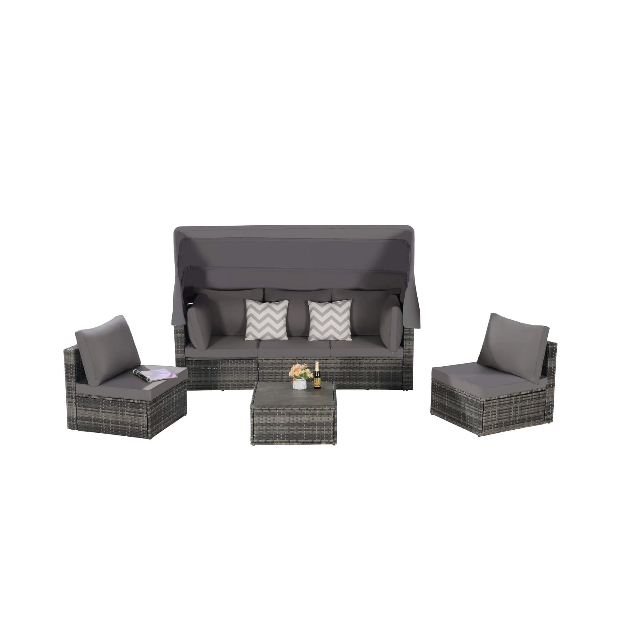 Alora 5-Piece Outdoor Patio Wicker Daybed Furniture Set With Retractable Canopy - Image 6