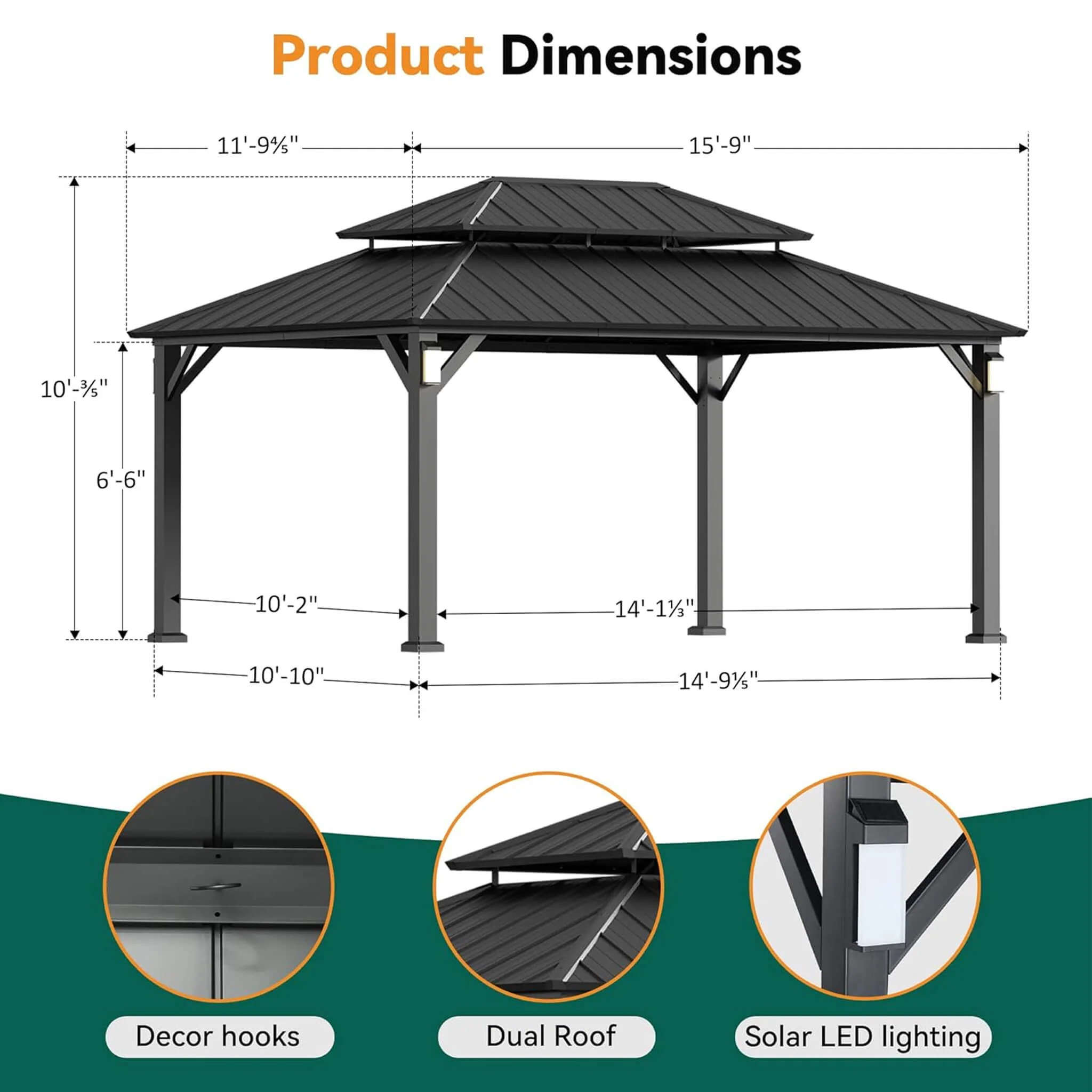 Alora Luxury Double Roof Hardtop Aluminum Gazebo with Decor Hooks, Mosquito Nettings, and LED Lights - Image 13