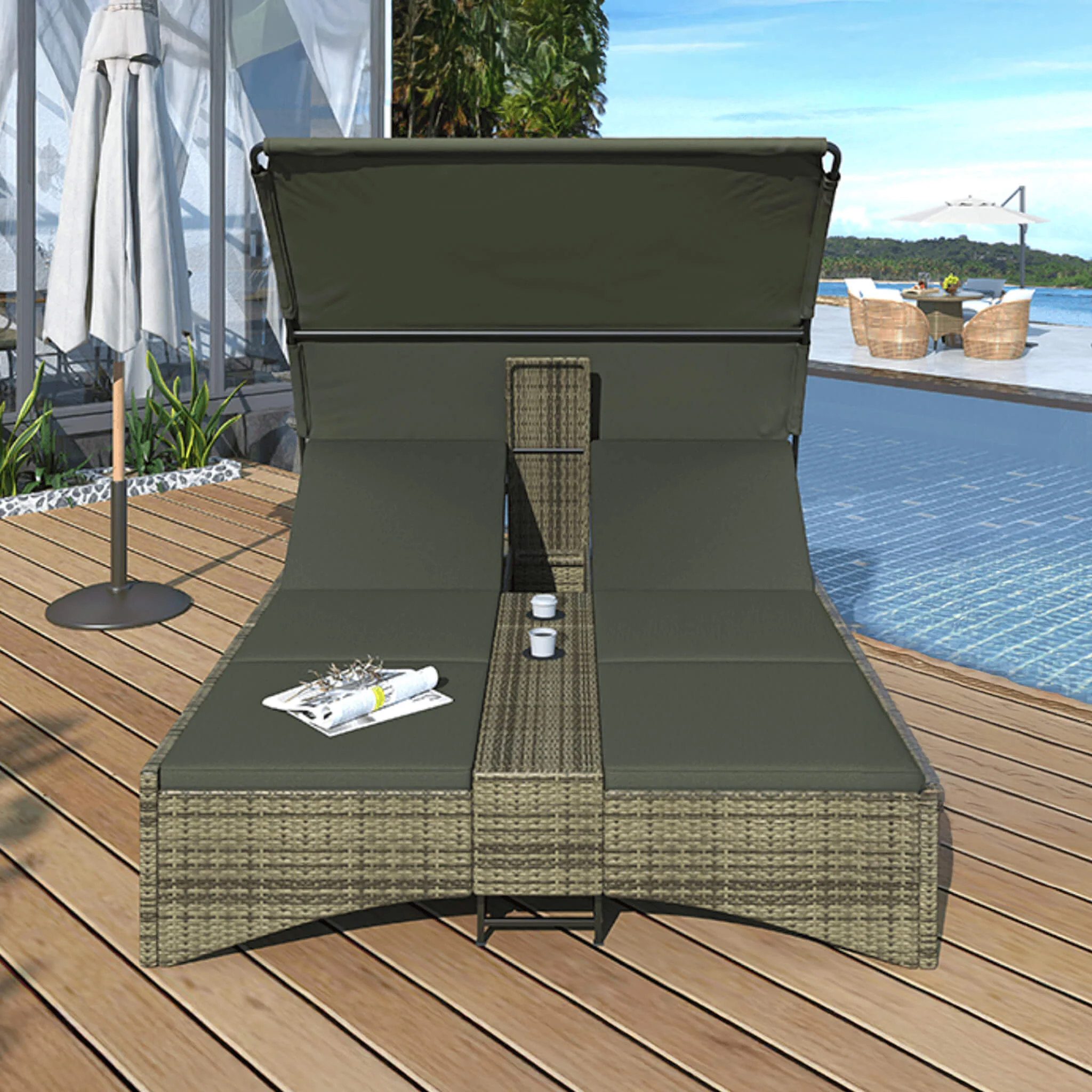 Alora Outdoor Rattan Patio Daybed with Adjustable Backrest, Canopy Roof, Storage Box and Cup Holders