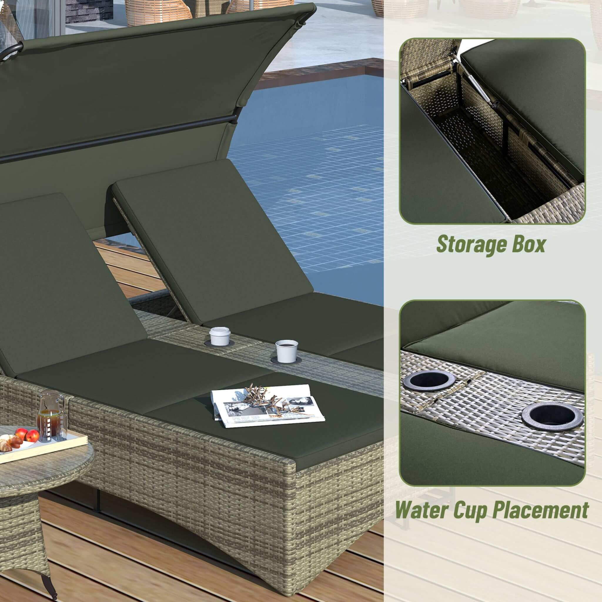 Alora Outdoor Rattan Patio Daybed with Adjustable Backrest, Canopy Roof, Storage Box and Cup Holders - Image 4
