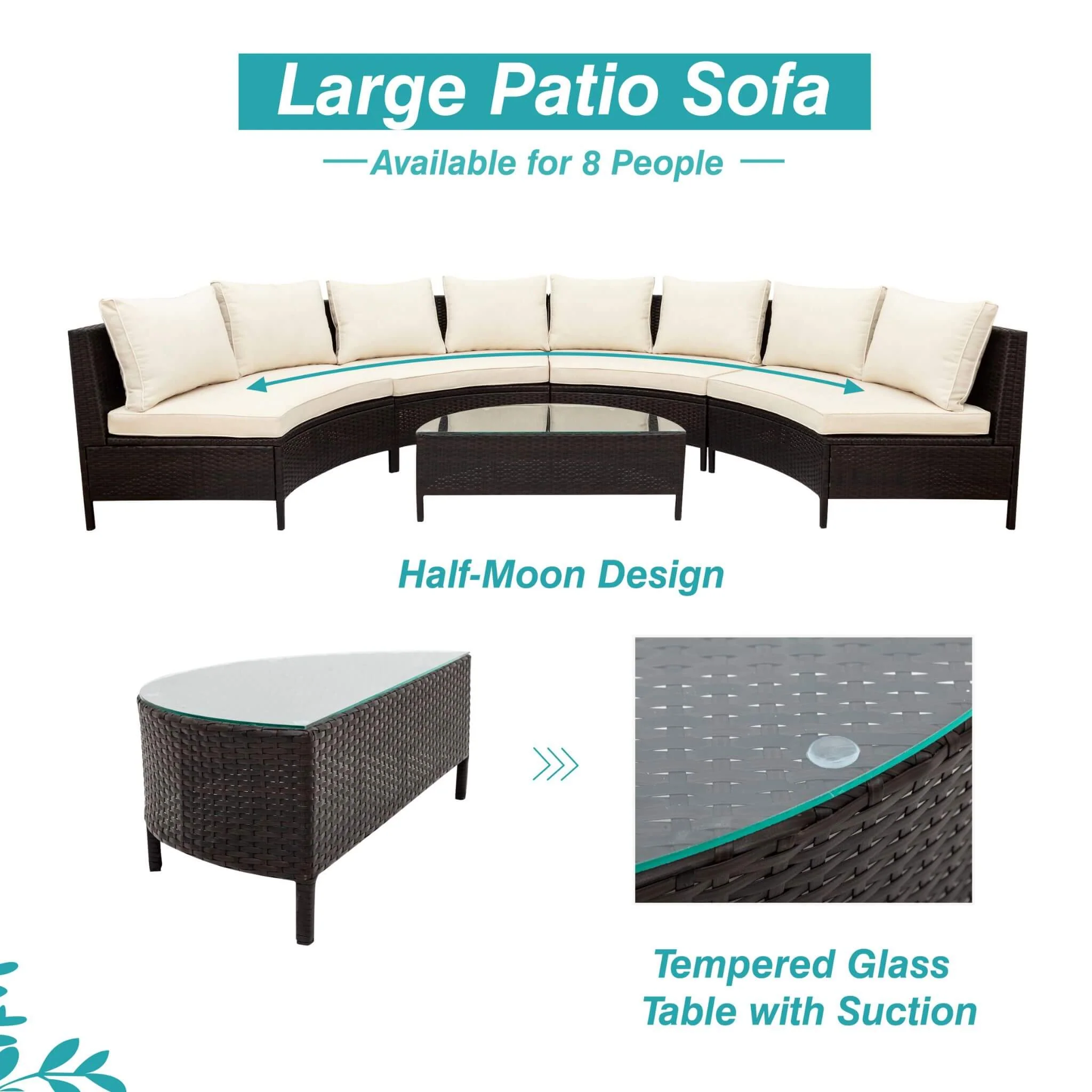 Alora Premium 5-Piece All-Weather Half-Moon Outdoor Rattan Wicker Patio Sectional Sofa Furniture Set With Tempered Glass Table - Image 4