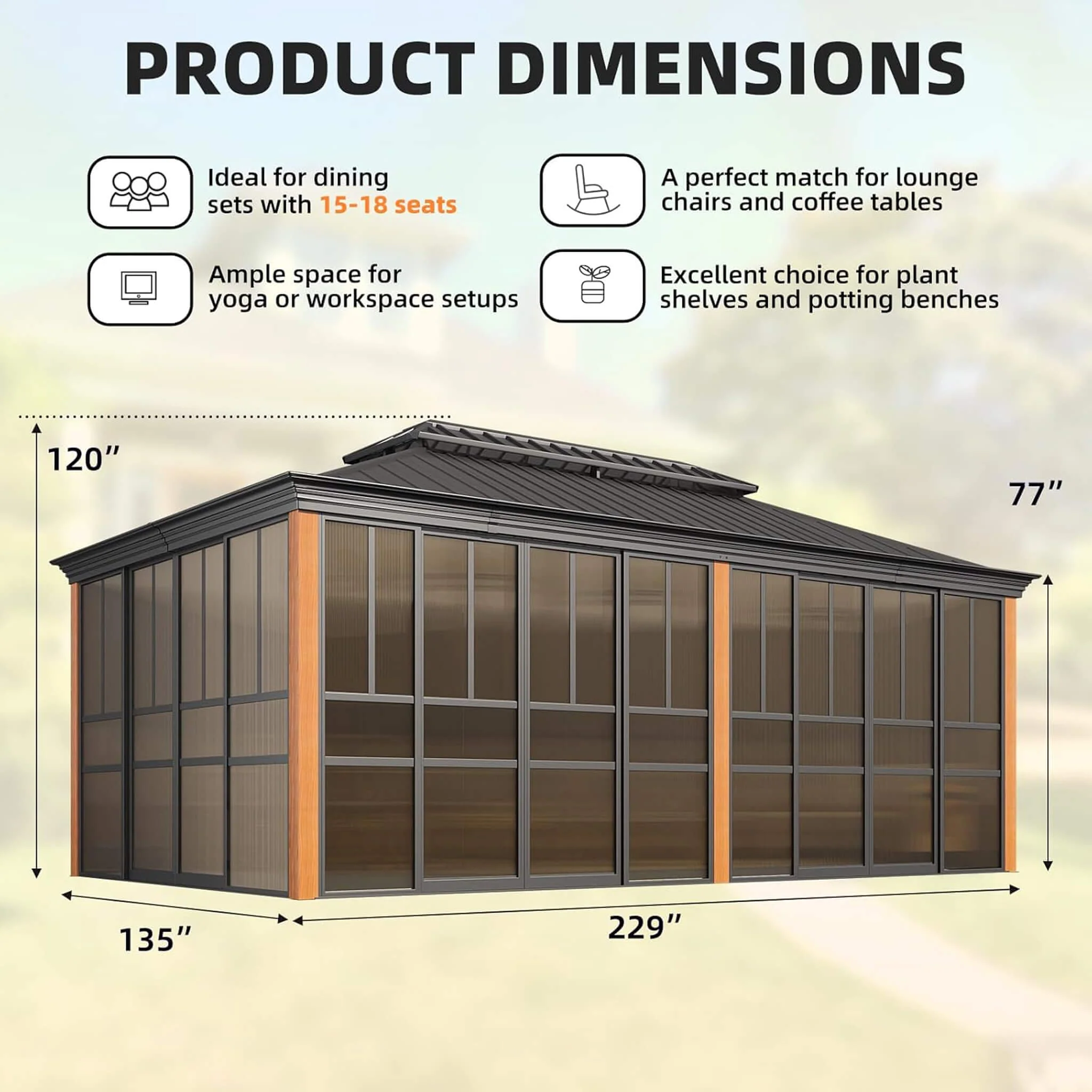 Alora Premium All-Season Outdoor Wood Grain Sunroom with Sliding Doors and Double Top Roof - Image 10