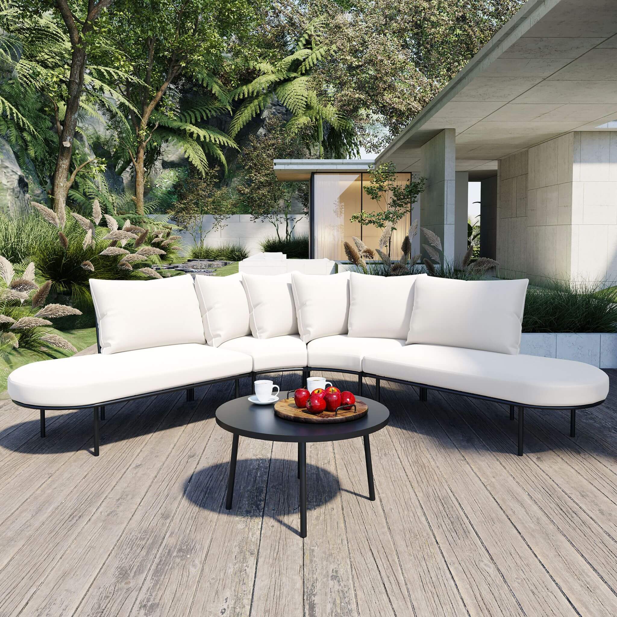 Alora Premium Half-Moon 6-Person Curved All-Weather Outdoor Furniture Sofa Patio Set With Coffee Table And Cushions