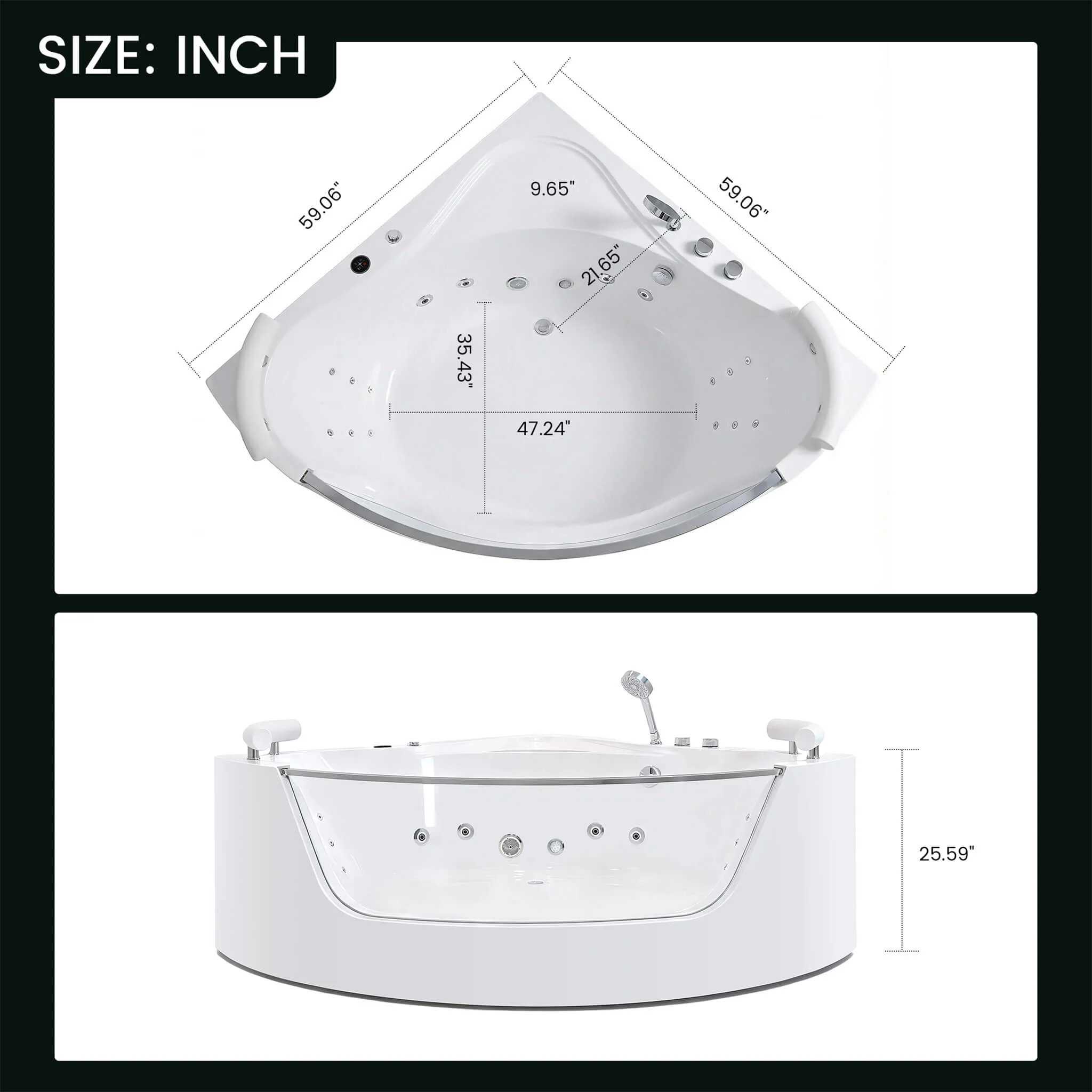 Alora Serenity 59-Inch 2-Person Acrylic Corner Whirlpool 16-Jet Hydro Massage Bathtub with Heater Rainbow Light - Image 12