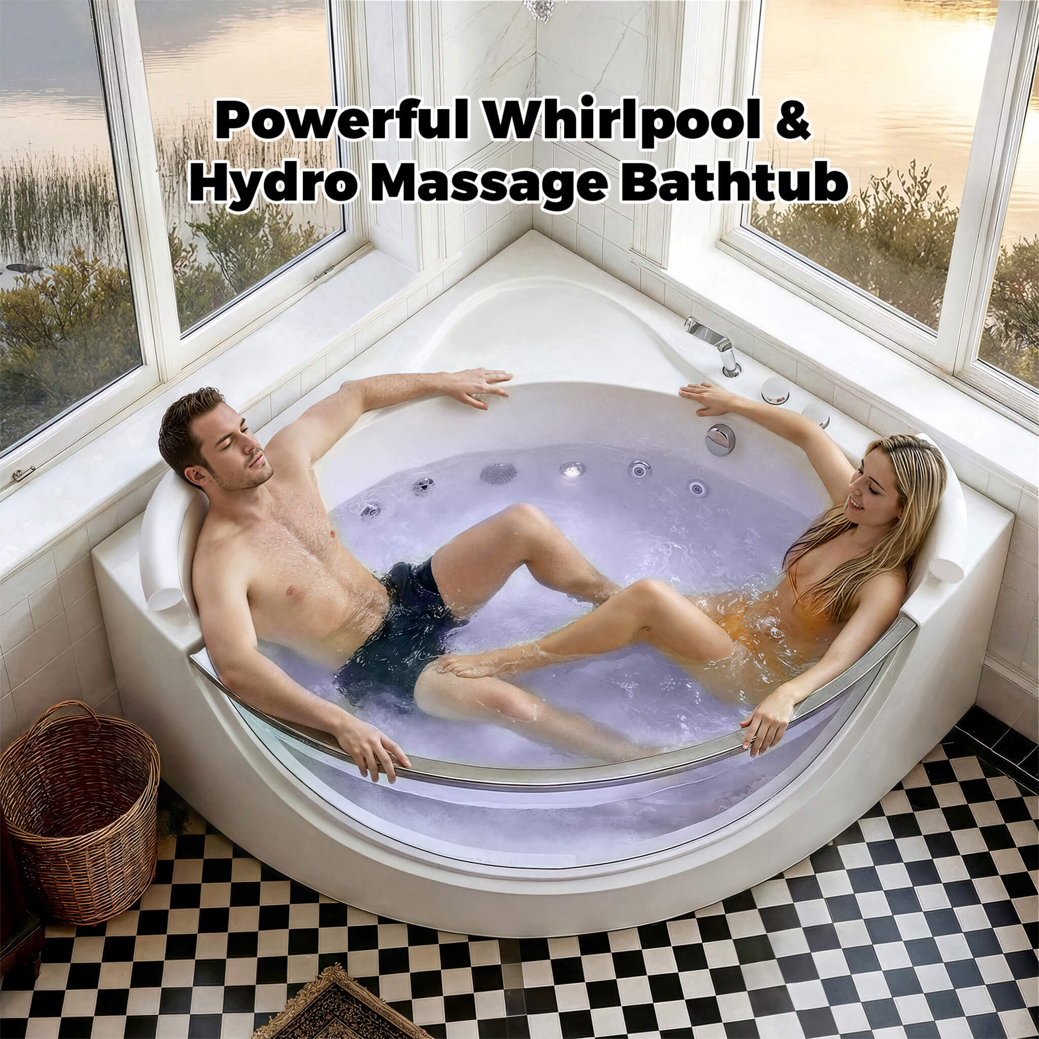 Alora Serenity 59-Inch 2-Person Acrylic Corner Whirlpool 16-Jet Hydro Massage Bathtub with Heater Rainbow Light - Image 3