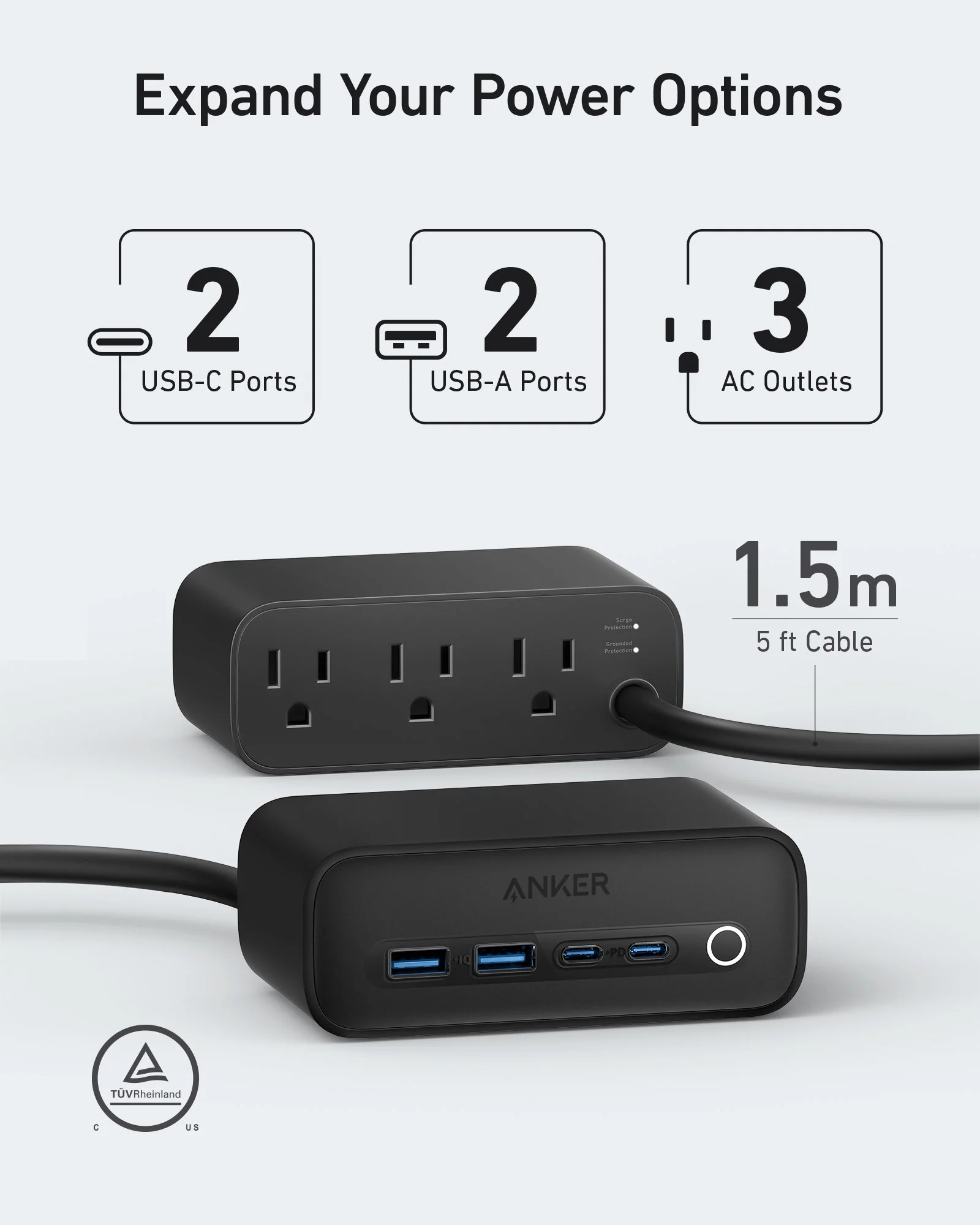 Anker 525 Charging Station - 2x USB-A 2x USB-C and 3x AC Outlets - Image 8