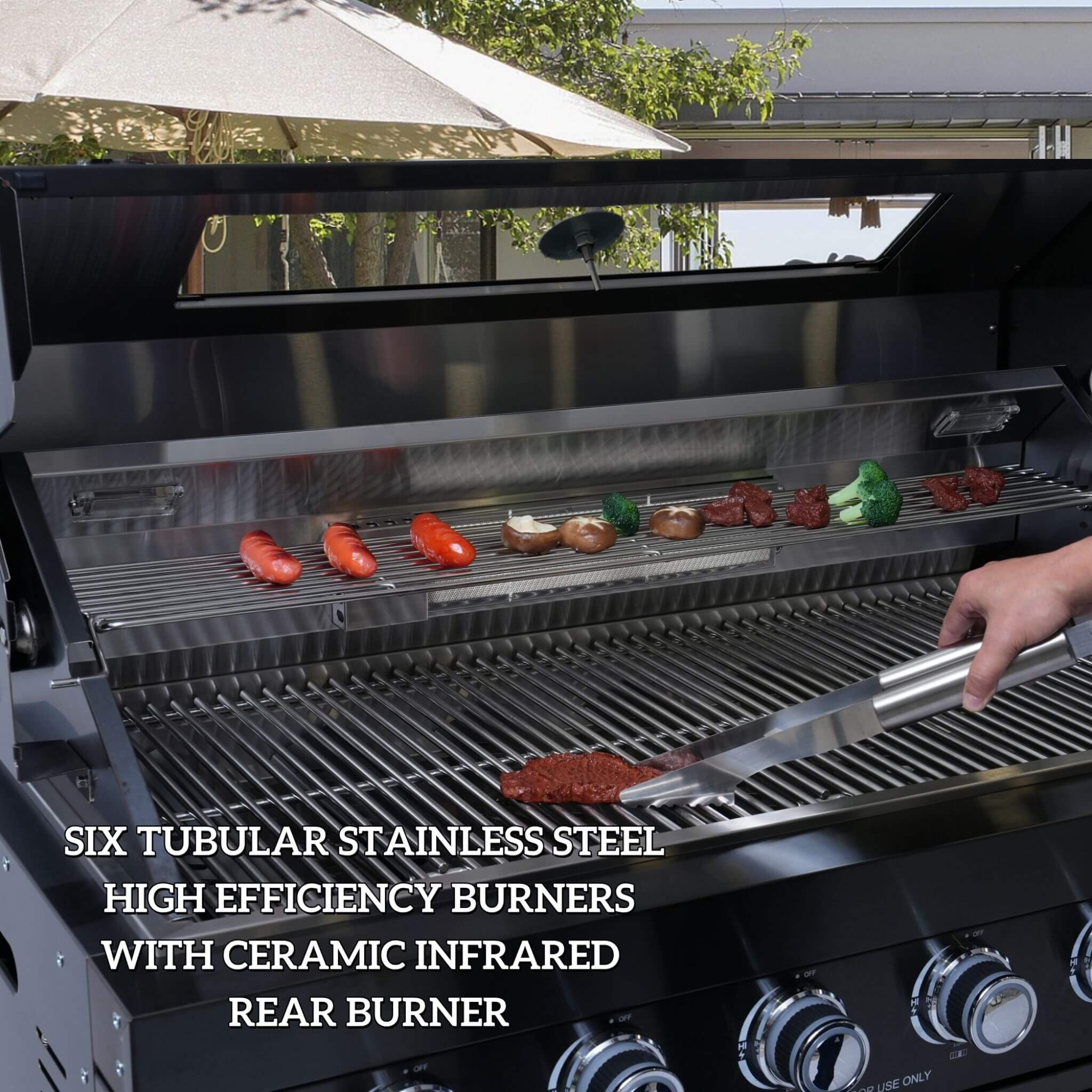 Castelle Flame 43-Inch 6-Burner 85K BTU Stainless Steel Outdoor BBQ Kitchen Island Grill with Wine Cooler, Rotisserie, and Sink - Image 4