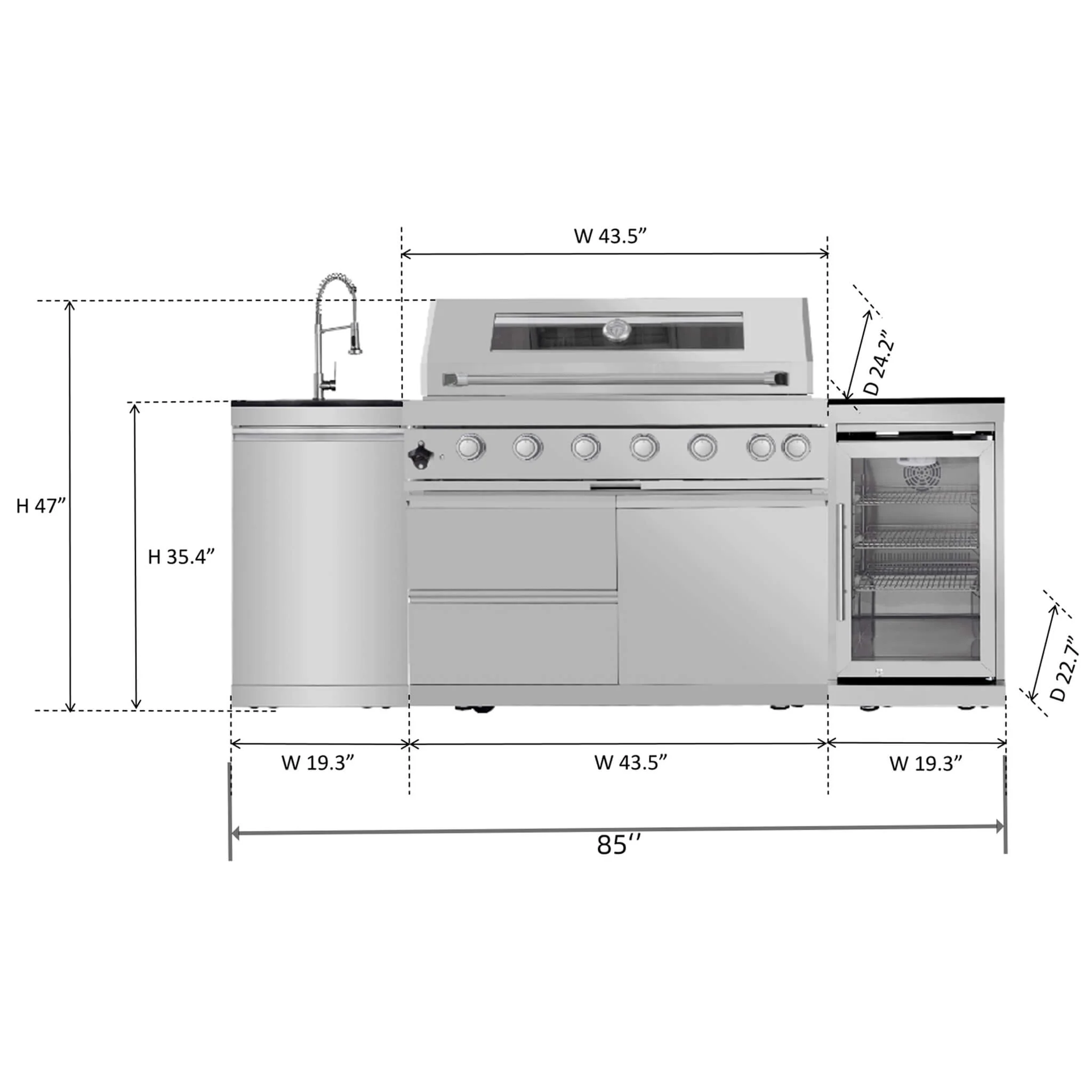 Castelle Flame 44-Inch 6-Burner 85K BTU Stainless Steel Outdoor BBQ Kitchen Island Grill with Wine Cooler, Rotisserie Kit, and Storage Cabinets - Image 18