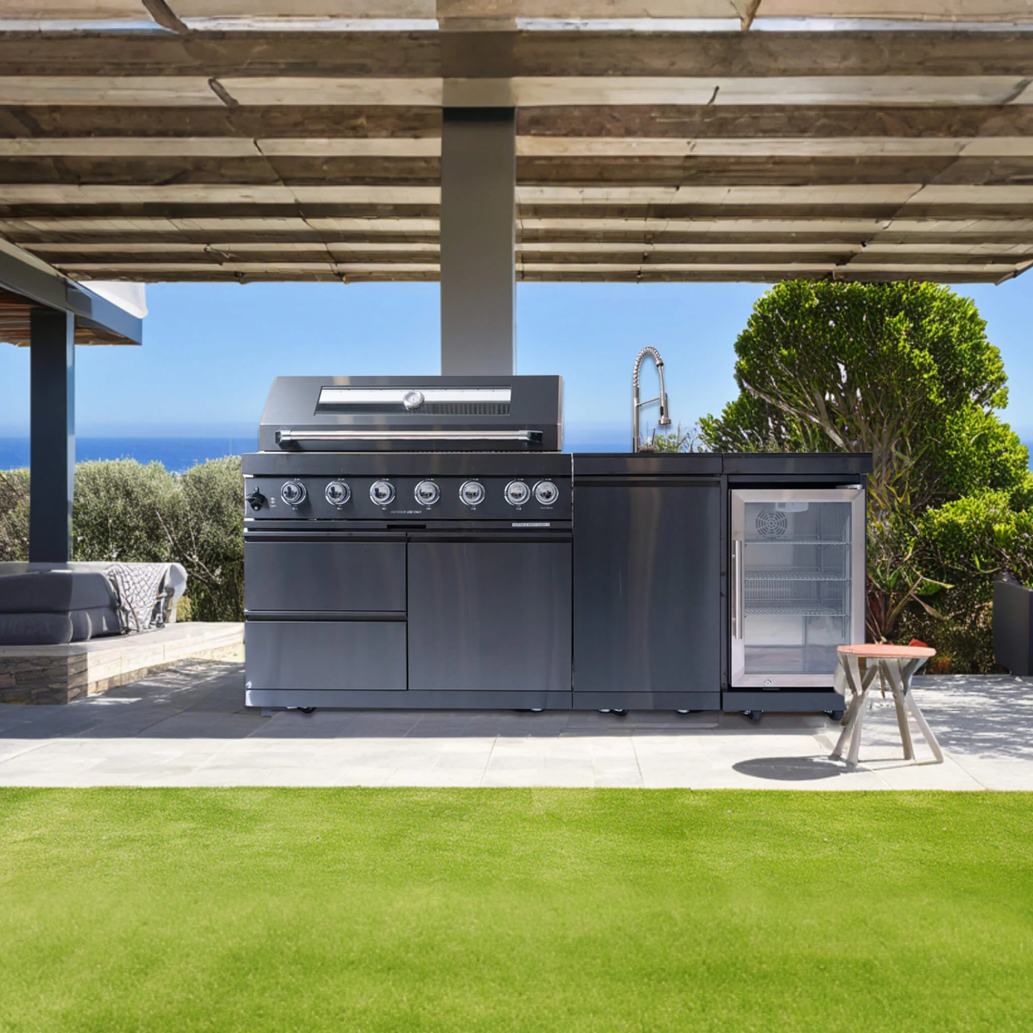 Castelle Flame 85K BTU Outdoor BBQ Kitchen Grill Island with 43-Inch 6-Burner Grill, Wine Fridge, Rotisserie Kit, and Sink - Image 2