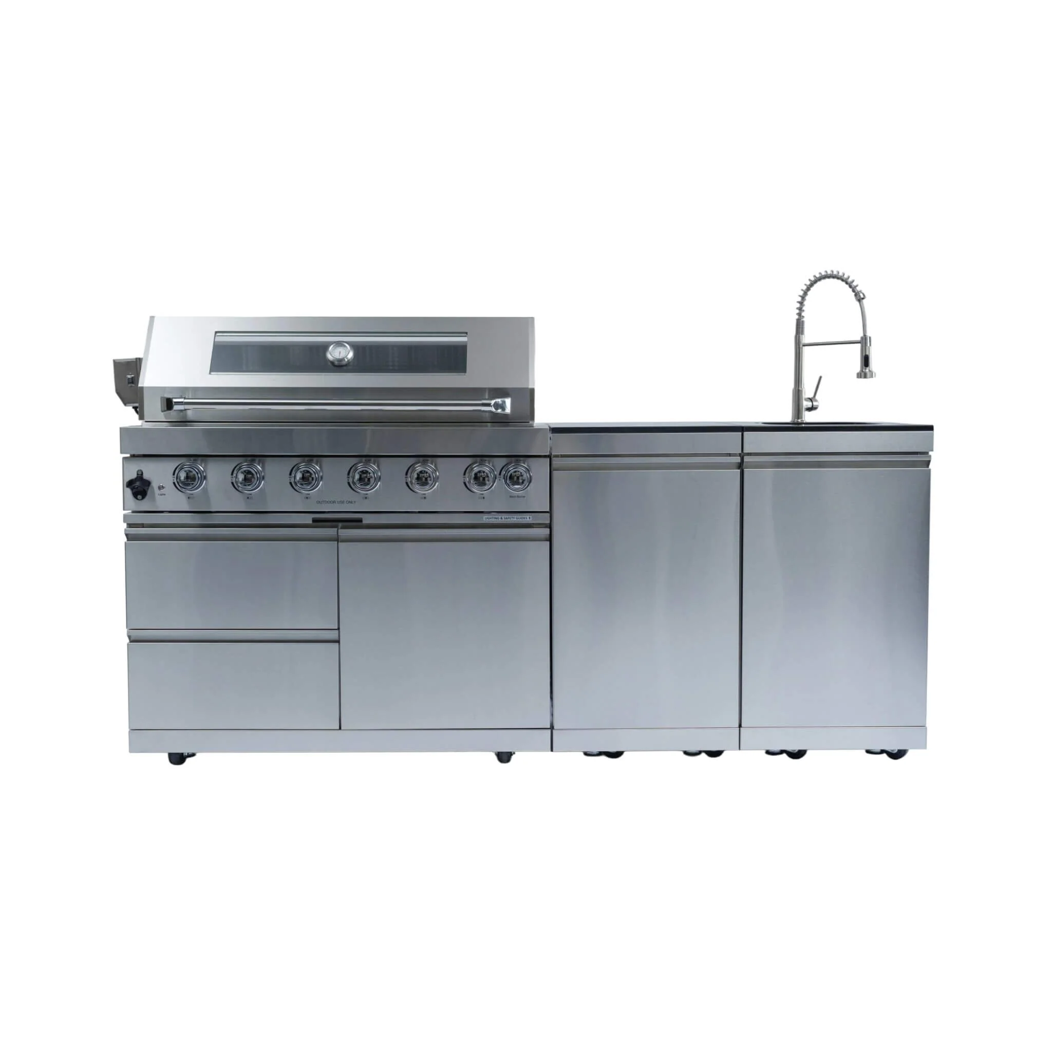 Castelle Flame Outdoor BBQ Kitchen Island with 43-Inch 6-Burner 85K BTU Propane Gas Grill, Rotisserie Kit, and Storage Cabinets