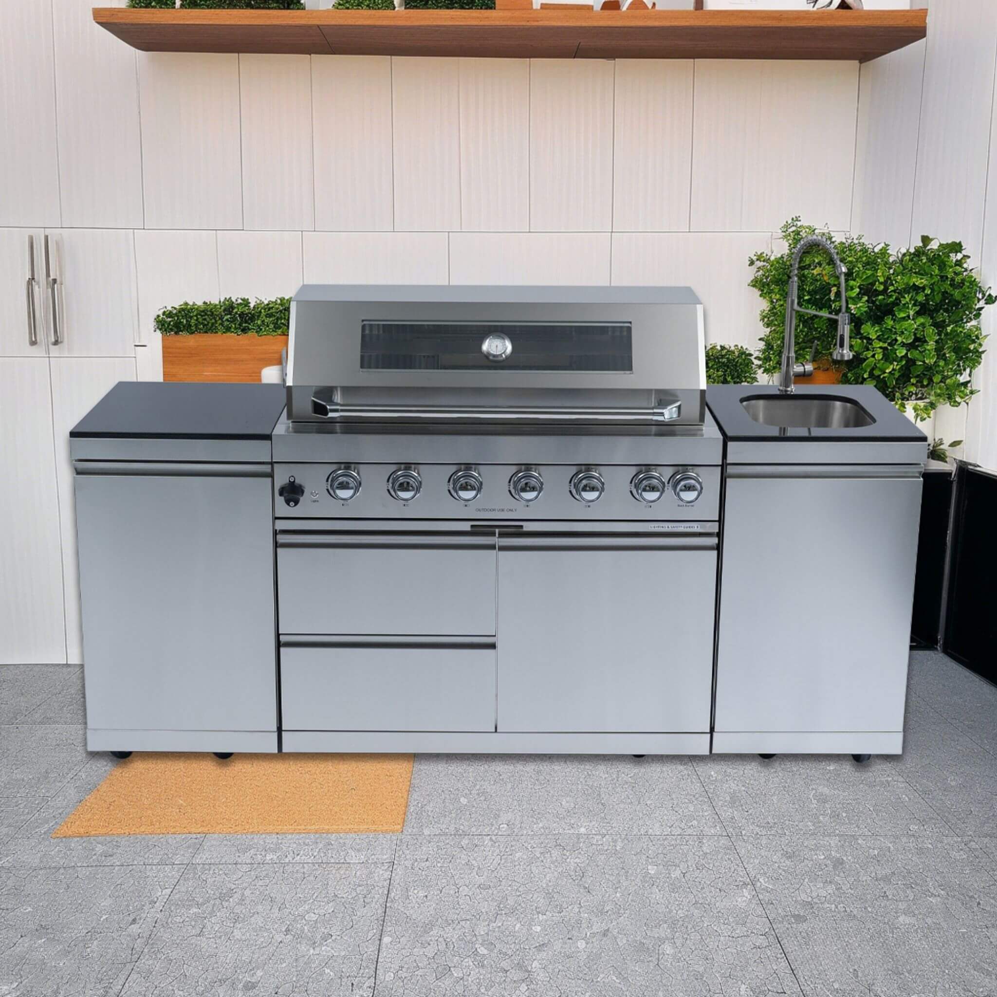 Castelle Flame Outdoor BBQ Kitchen Island with 43-Inch 6-Burner 85K BTU Propane Gas Grill, Rotisserie Kit, and Storage Cabinets - Image 3