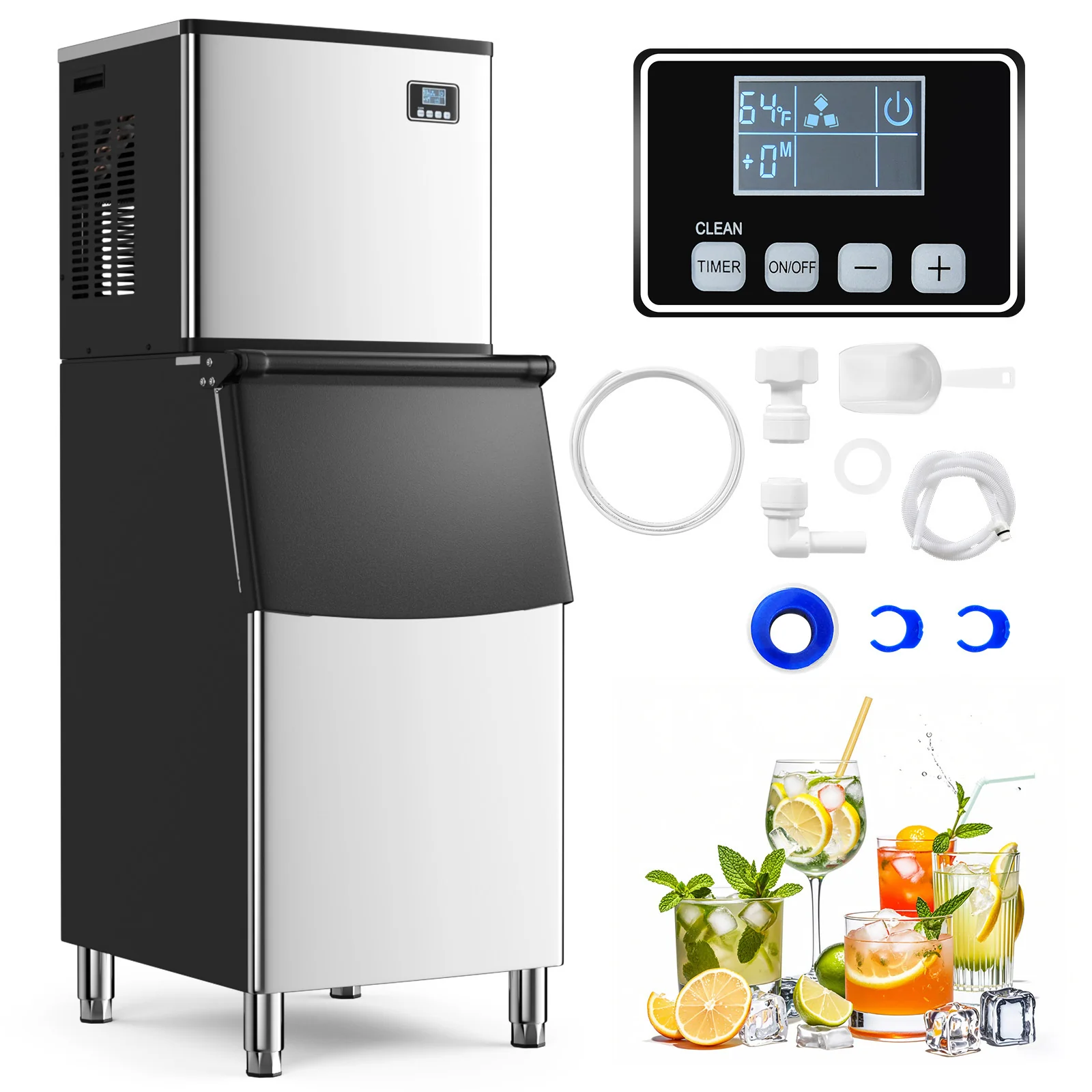 Commercial Ice Maker Machine 418 LBS/24H with 200 LBS Storage Bin-Silver - Image 3