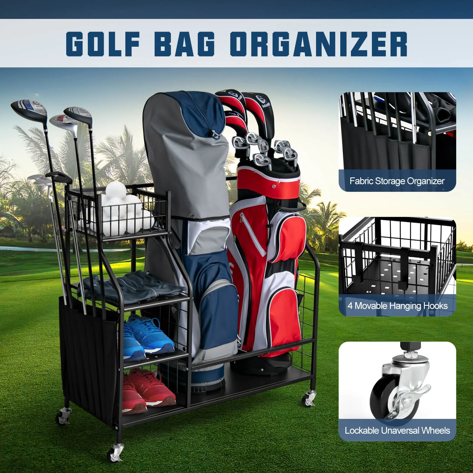 Double Golf Bag Organizer with Lockable Universal Wheels - Image 4