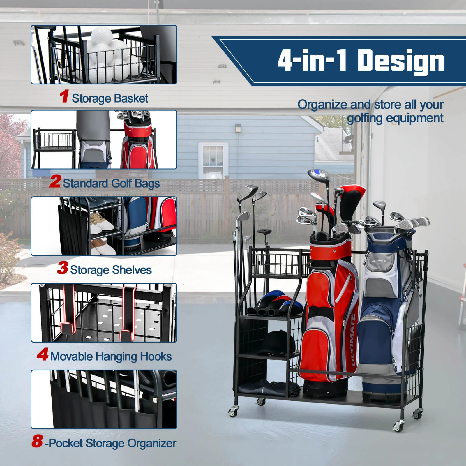 Double Golf Bag Organizer with Lockable Universal Wheels - Image 7