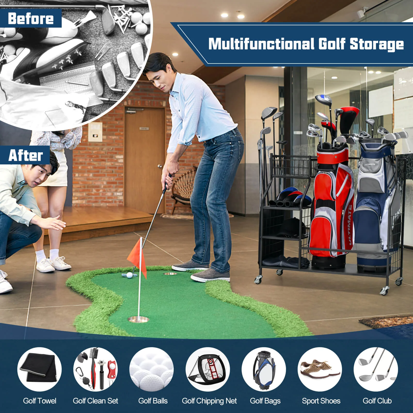 Double Golf Bag Organizer with Lockable Universal Wheels - Image 8