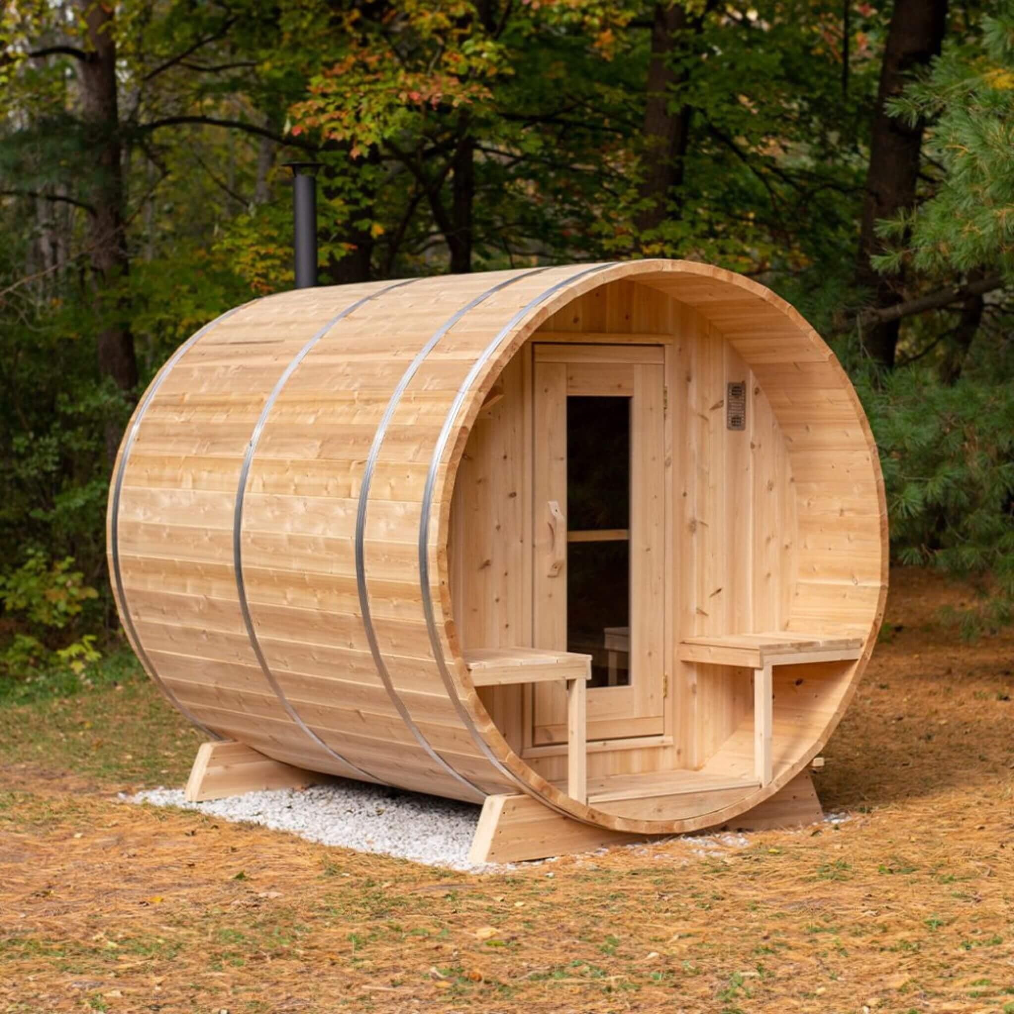 Dundalk Leisurecraft 4-Person Canadian Timber Serenity Barrel Sauna with Solid Wood Benches - Image 4