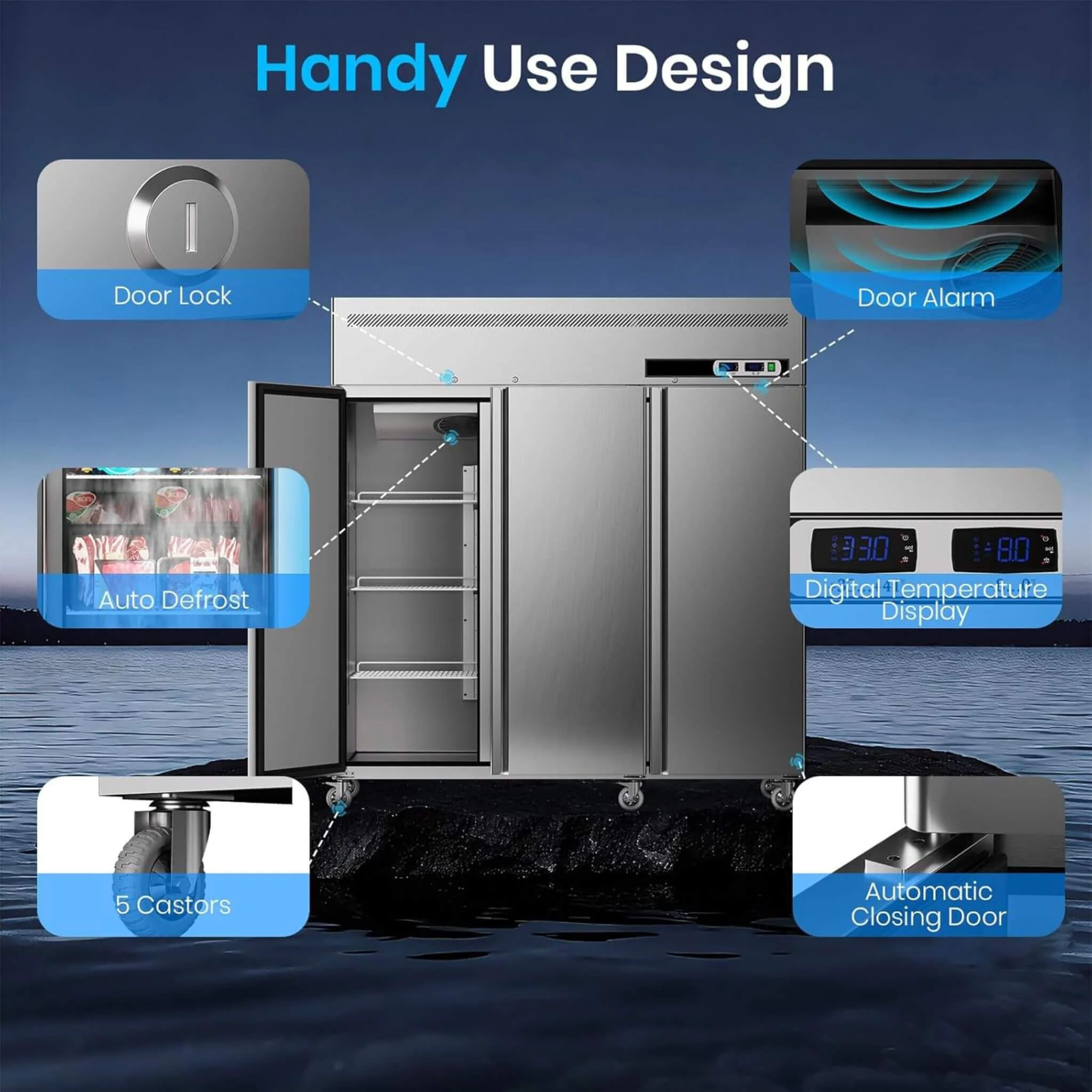 Extra-Large 72-Inch 54 Cu.Ft Commercial 3-Door Upright Reach-In Freezer Refrigerator Combo with Wheels - Image 3