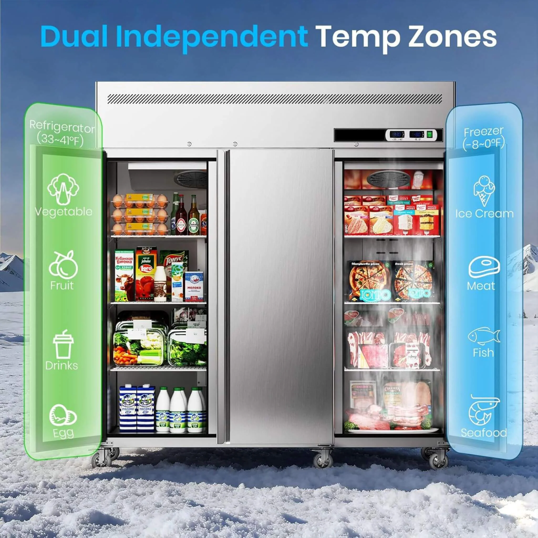 Extra-Large 72-Inch 54 Cu.Ft Commercial 3-Door Upright Reach-In Freezer Refrigerator Combo with Wheels - Image 5
