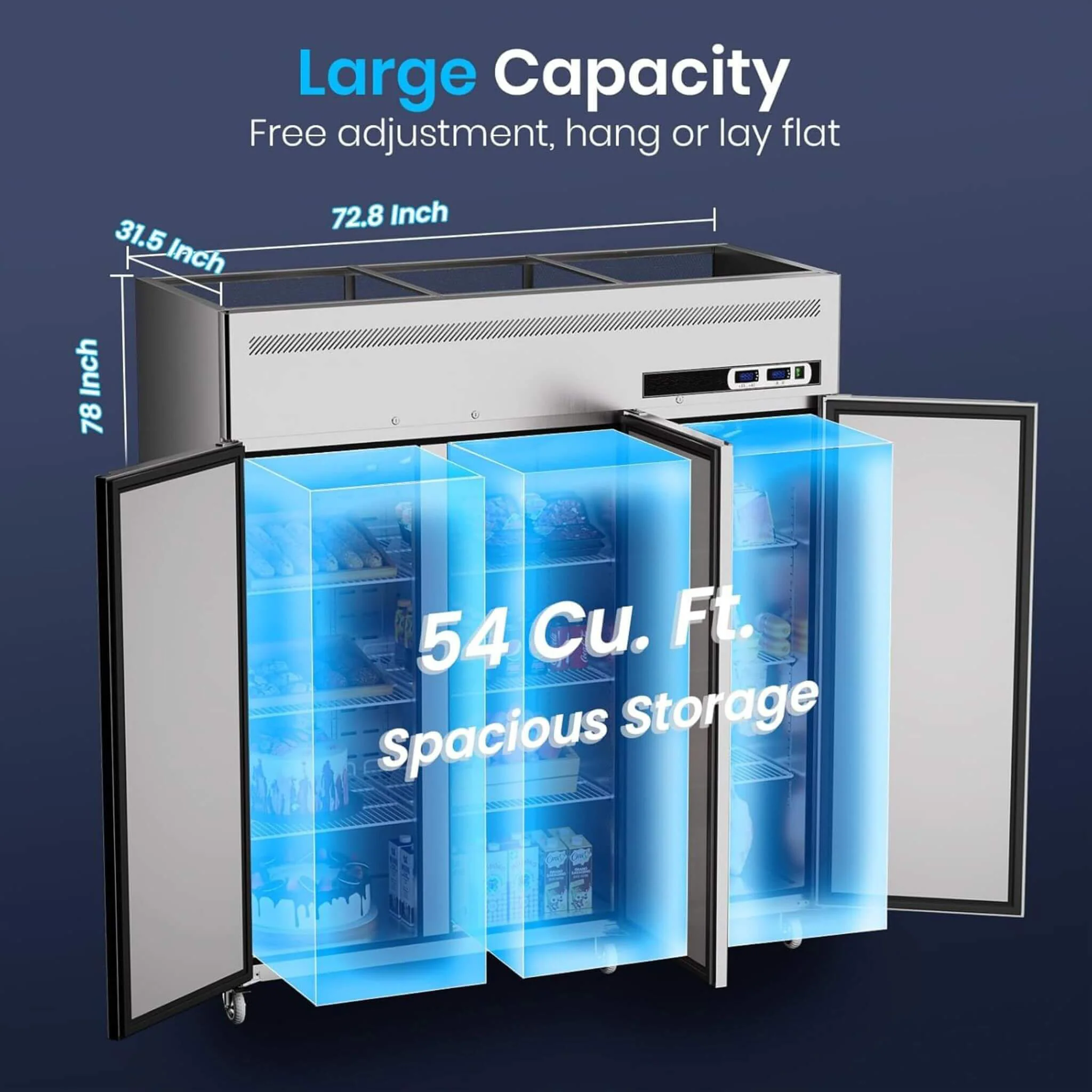 Extra-Large 72-Inch 54 Cu.Ft Commercial 3-Door Upright Reach-In Freezer Refrigerator Combo with Wheels - Image 9