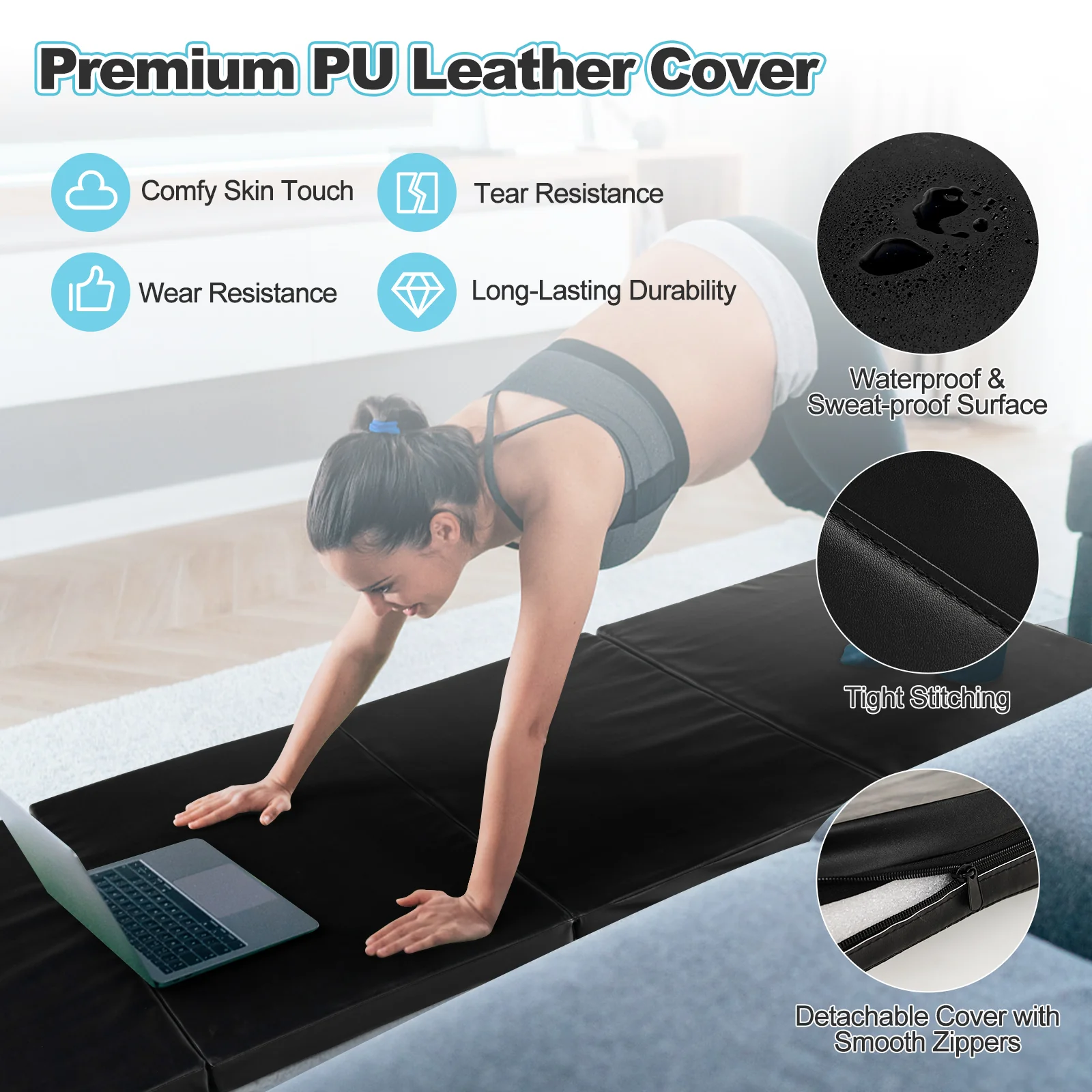 Folding Gymnastics Mat with Carry Handles and Sweatproof Detachable PU Leather Cover - Image 6