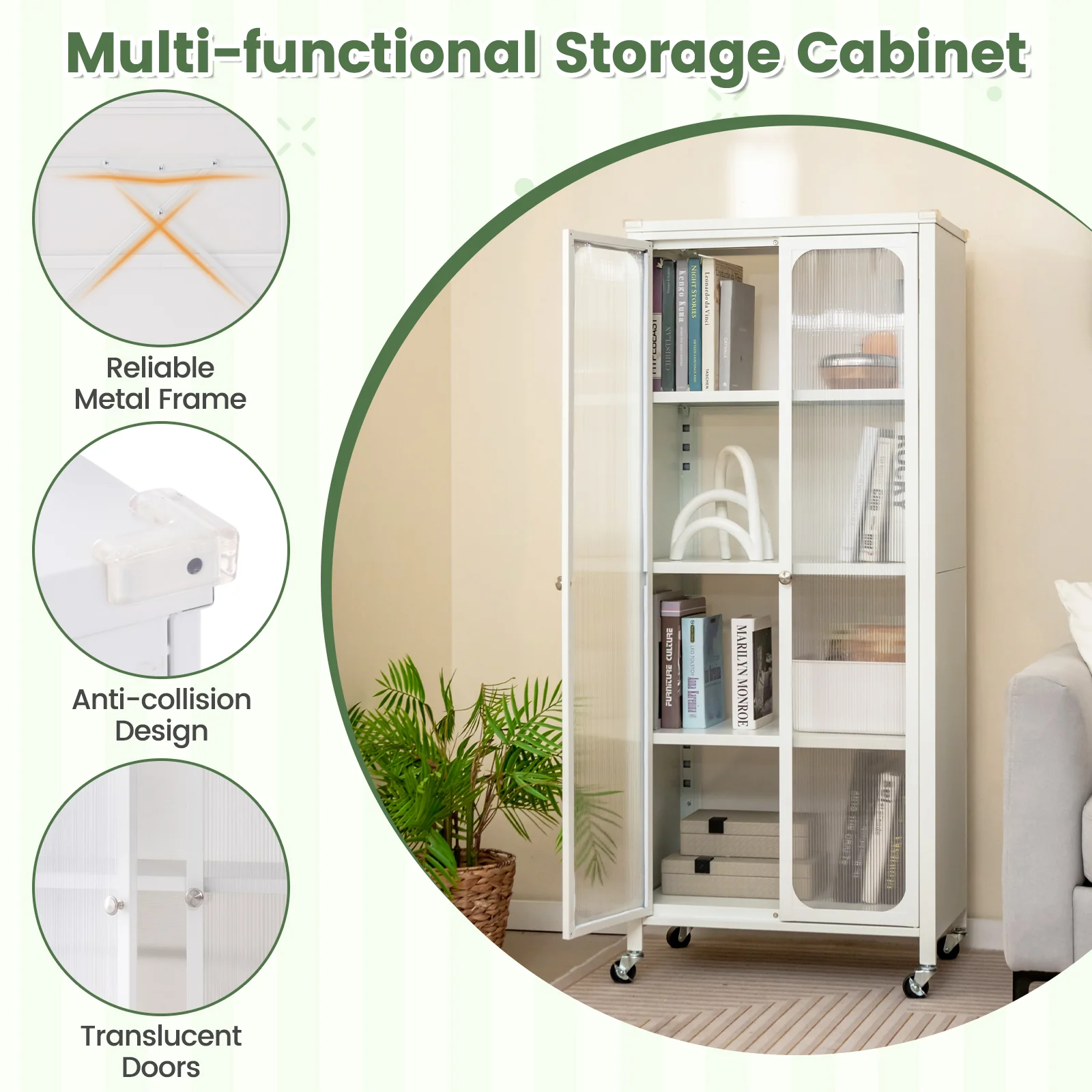 Glass Doors Storage Cabinet with Wheels and Adjustable Shelves - Image 7