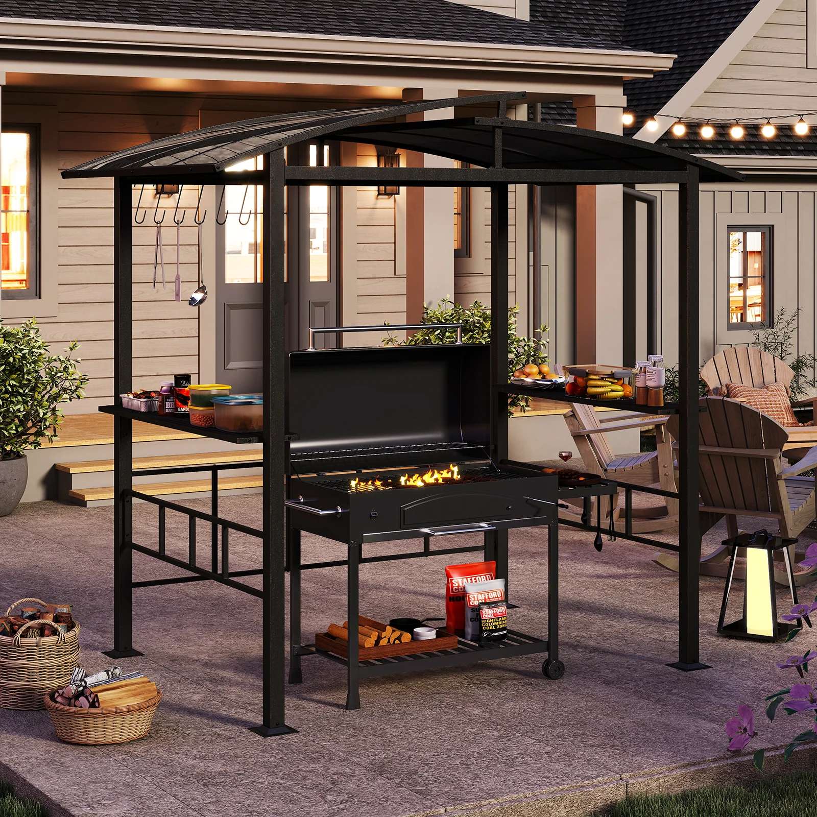 Hardtop Grill Gazebo with Vented Polycarbonate Roof Side Shelves-Black - Image 6
