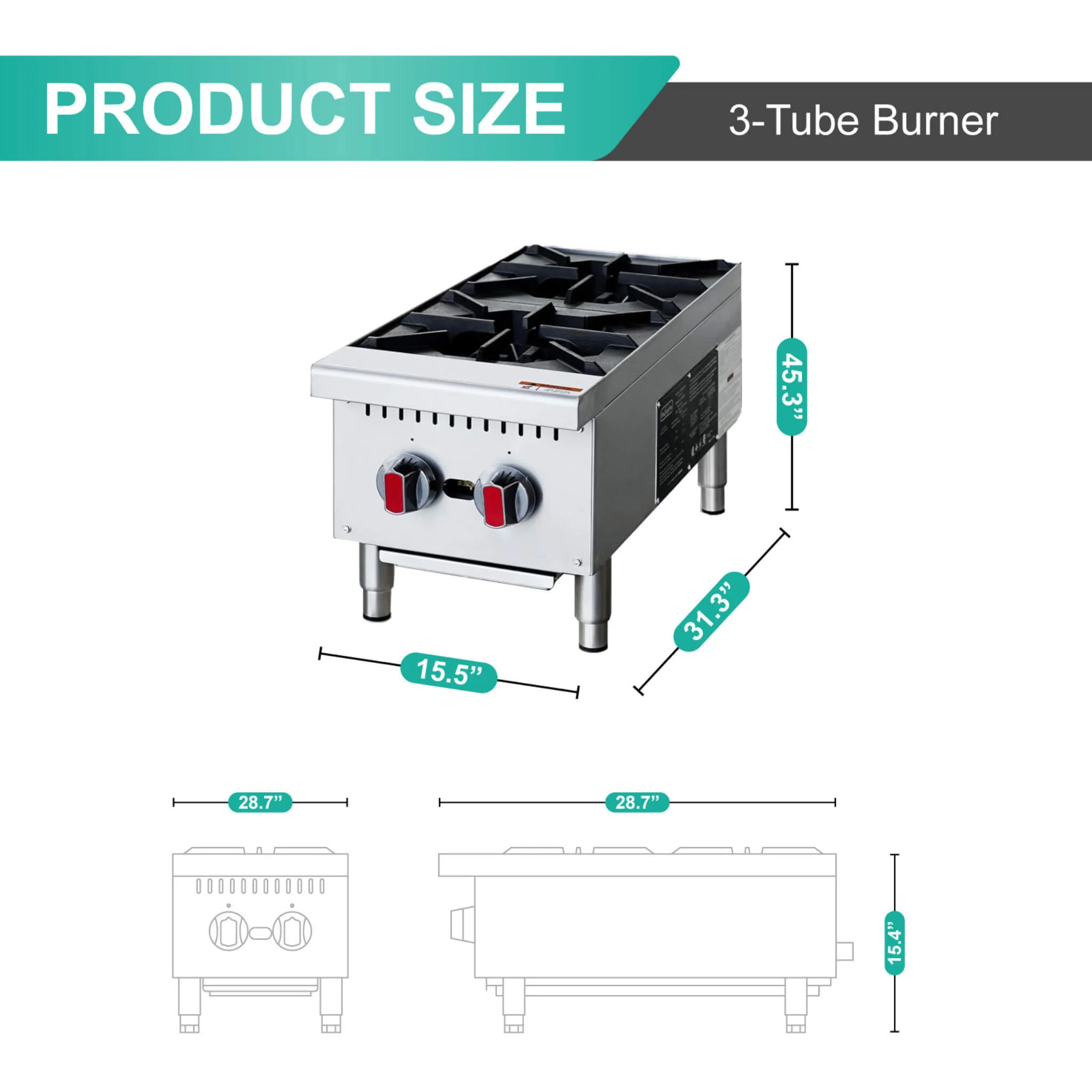 Heavy-Duty Stainless Steel Commercial 2-Burner 50K BTU Countertop Gas Stove Range - Image 3