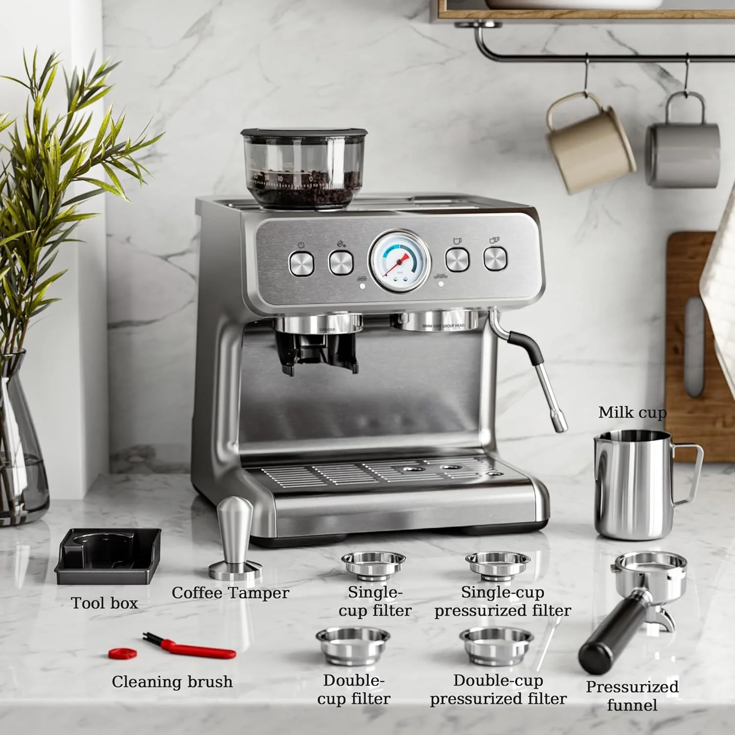 Kismile Espresso Machine Semi-Automatic Coffee Maker with Grinder and Milk Frother Steam Wand - Image 9