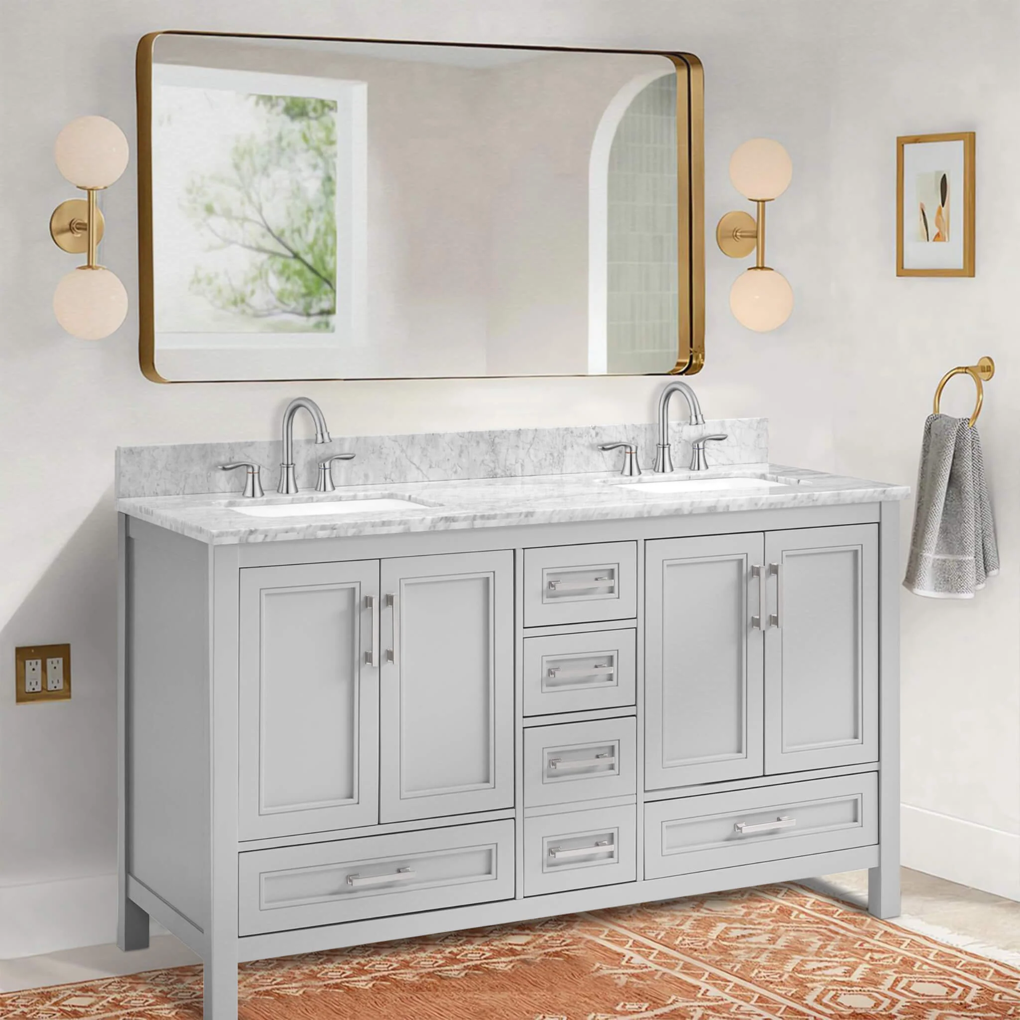 Nuvia Premium 60-Inch Freestanding Double Sink Bathroom Vanity With Carrara Marble Top - Image 5