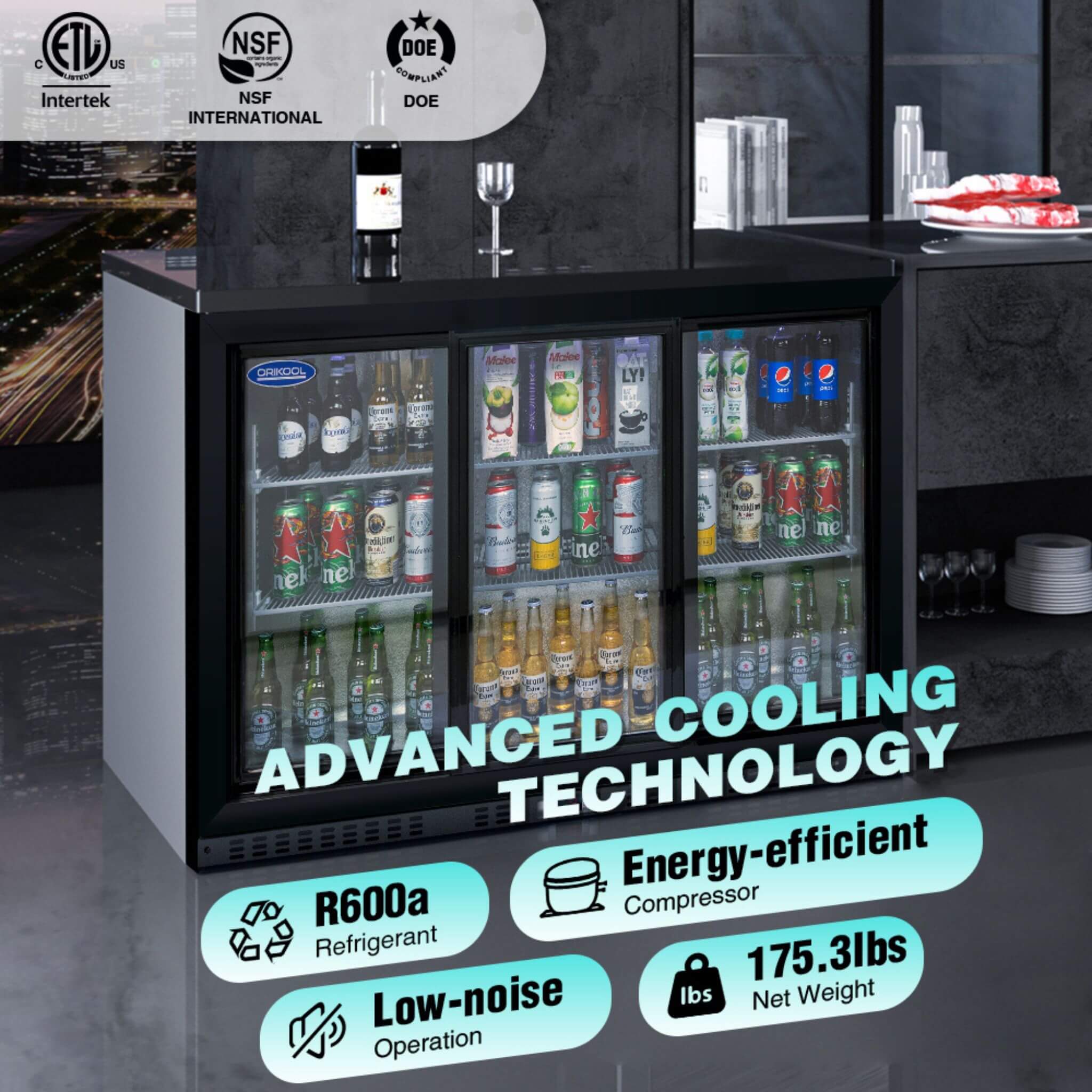 Orikool 53-Inch Energy Efficient Commercial Back Bar Drink Cooler With LED Lighting And 3 Glass Doors - Image 6