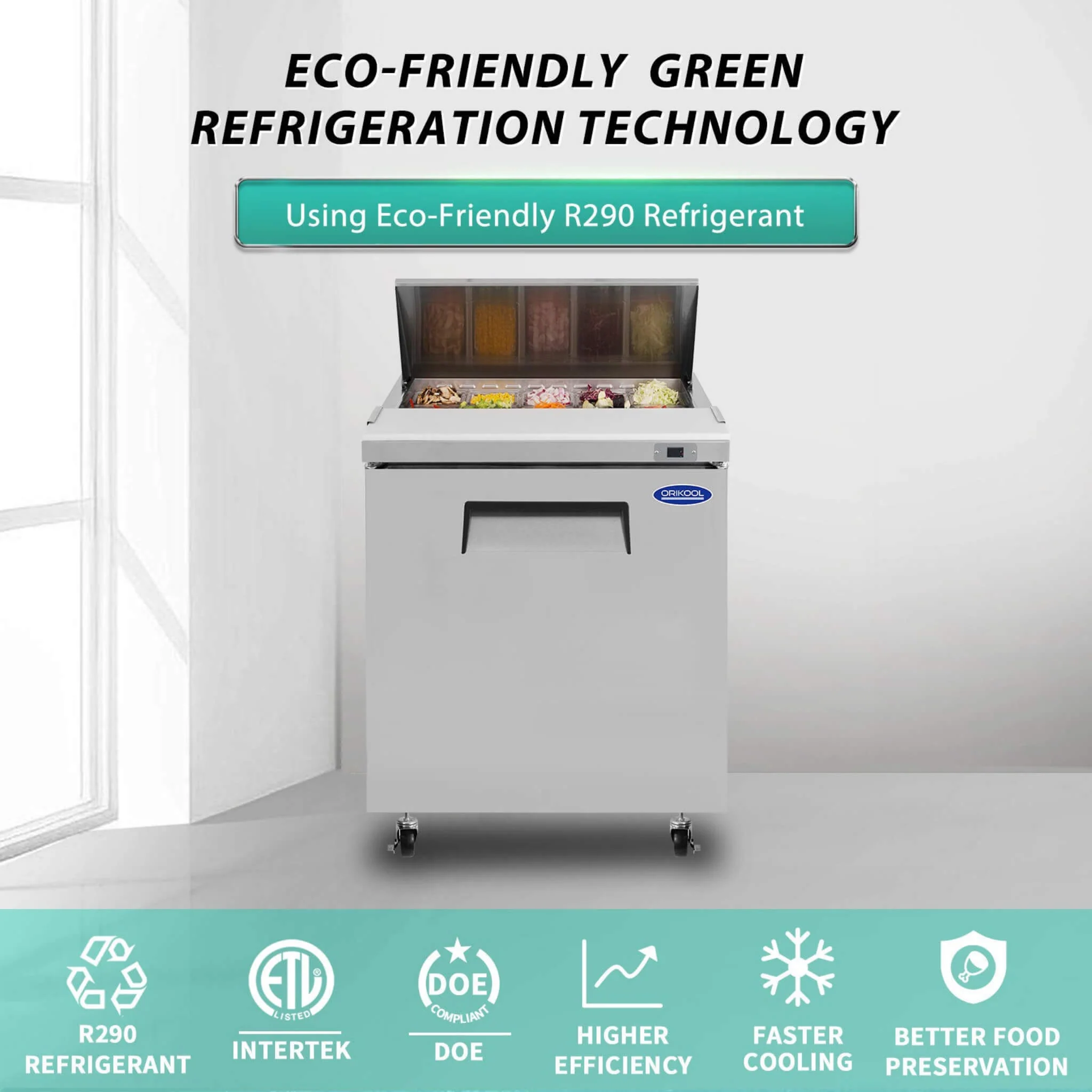 Orikool Commercial Refrigerator Sandwich & Salad Prep Table With Butcher Block Cutting Board - Image 3