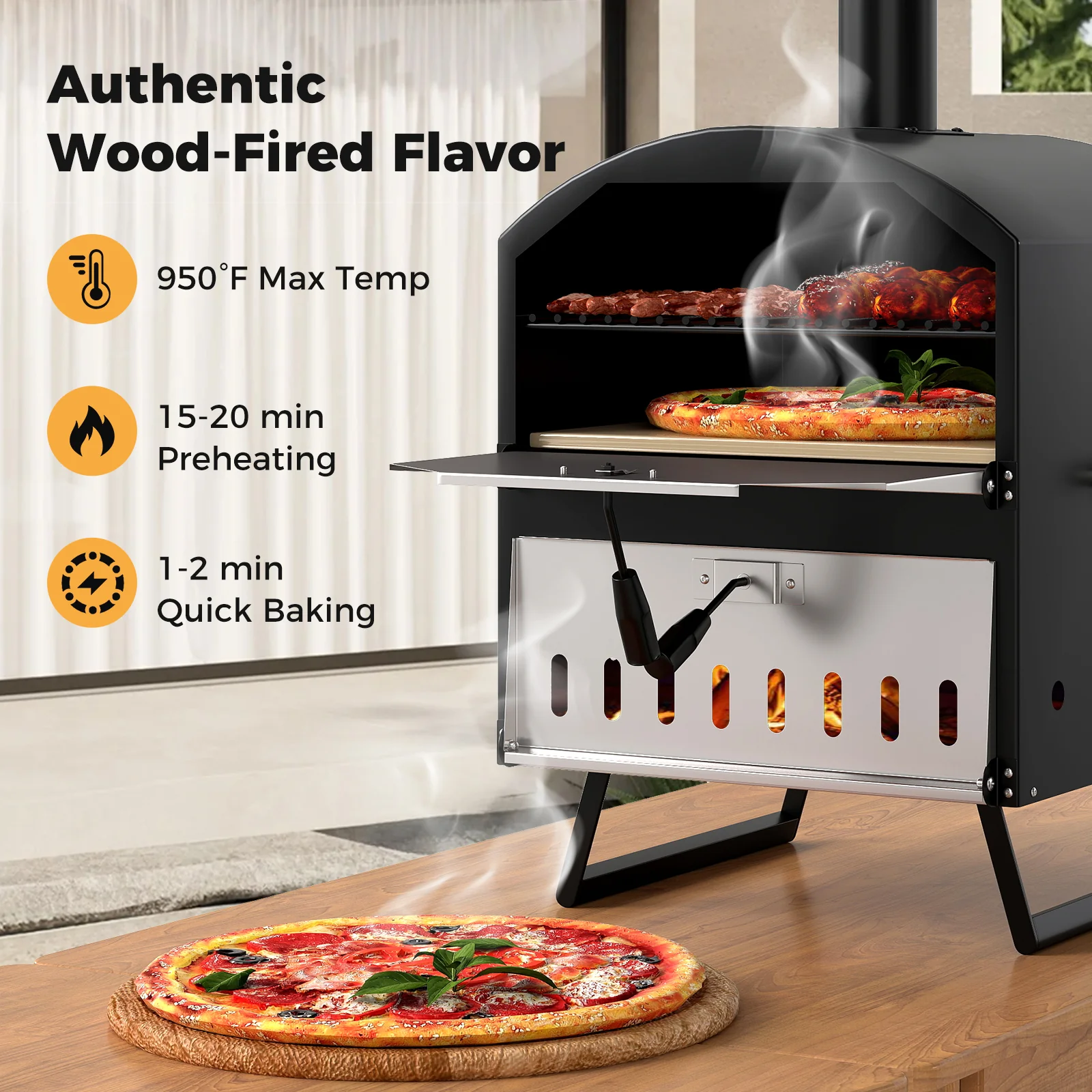 Outdoor 16 Inch 2-Layer Wood Fired Pizza Oven with Square Stone - Image 5