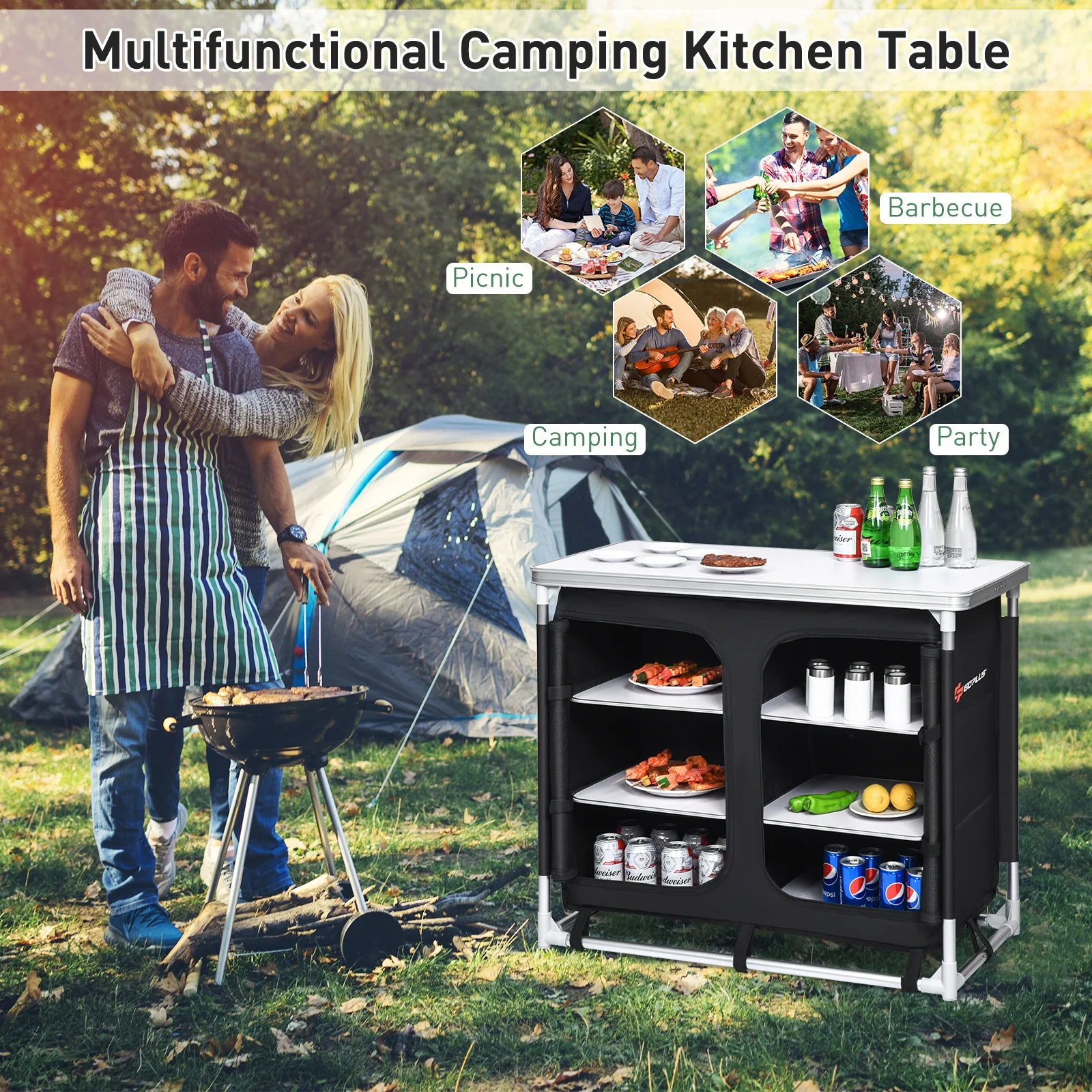 Outdoor Camping Cooking Table with Storage Organizer - Image 2