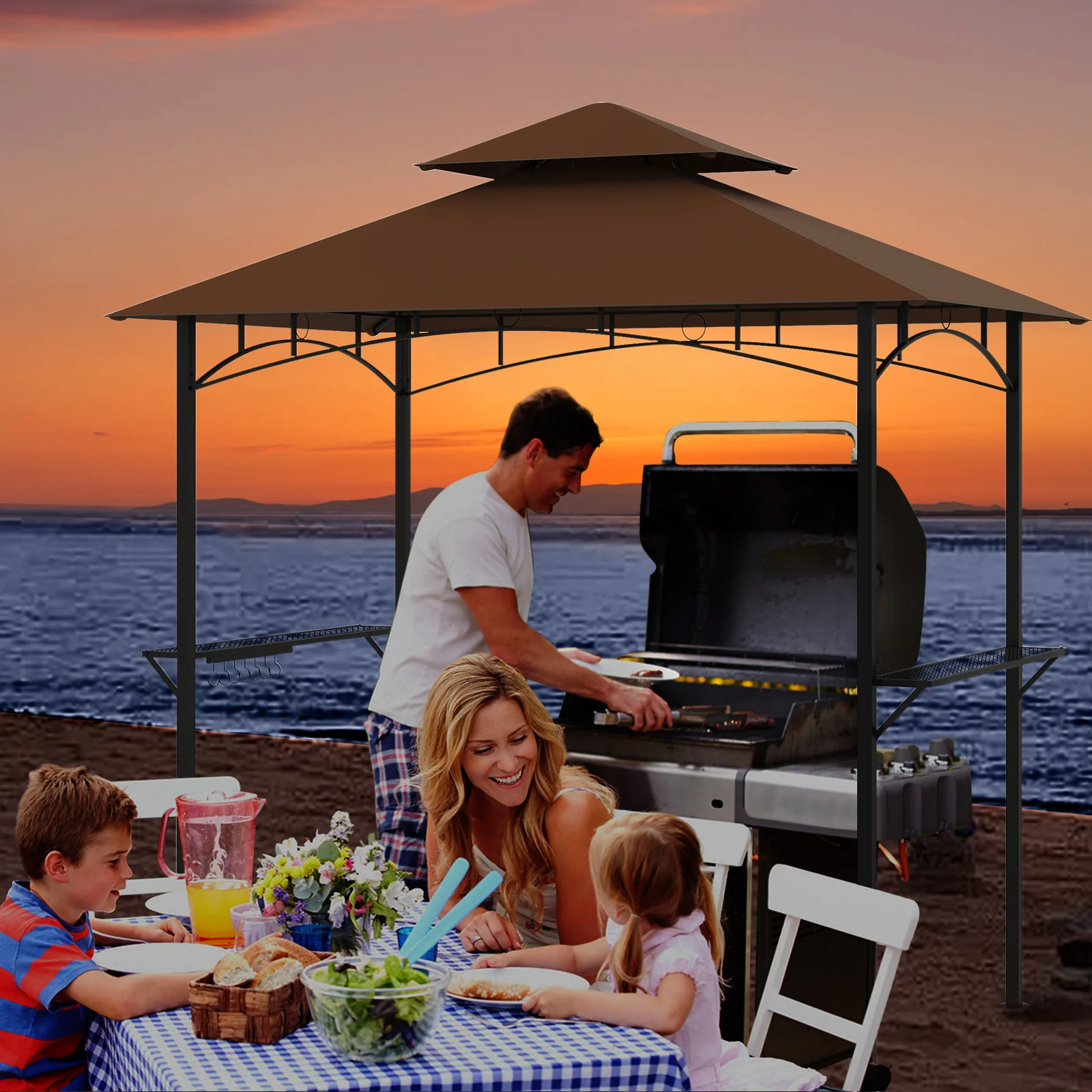 Outdoor Double-Tiered Grill Gazebo Canopy with 2 Shelves and 7 Hooks - Image 2