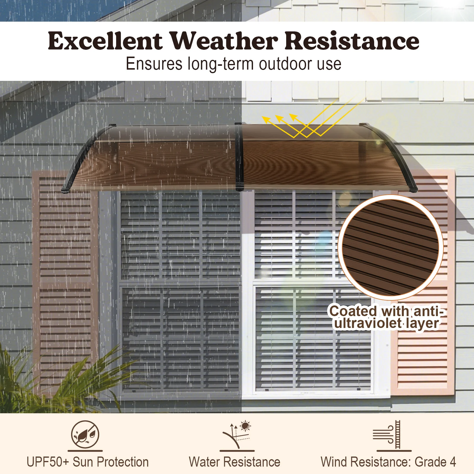 Outdoor Front Door Patio Overhang Awning for Sunlight Rain Snow Wind Protection-40 x 40 Inch - Image 12