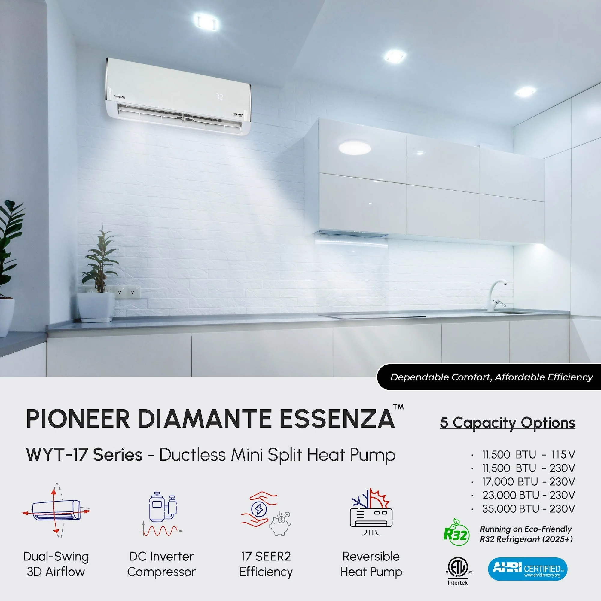 Pioneer® Diamante Essenza™ 23,000 BTU 17 SEER2 230V High-Wall Ductless Mini-Split Air Conditioner Inverter Heat Pump with 16 Ft. Kit - Image 4
