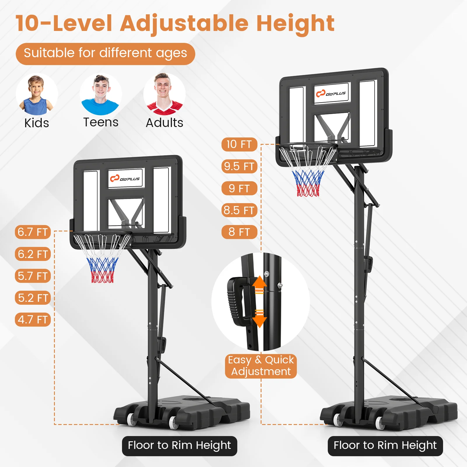 Portable Basketball Hoop with 4.6 to 10 Feet 10-Level Height Adjustable - Image 8