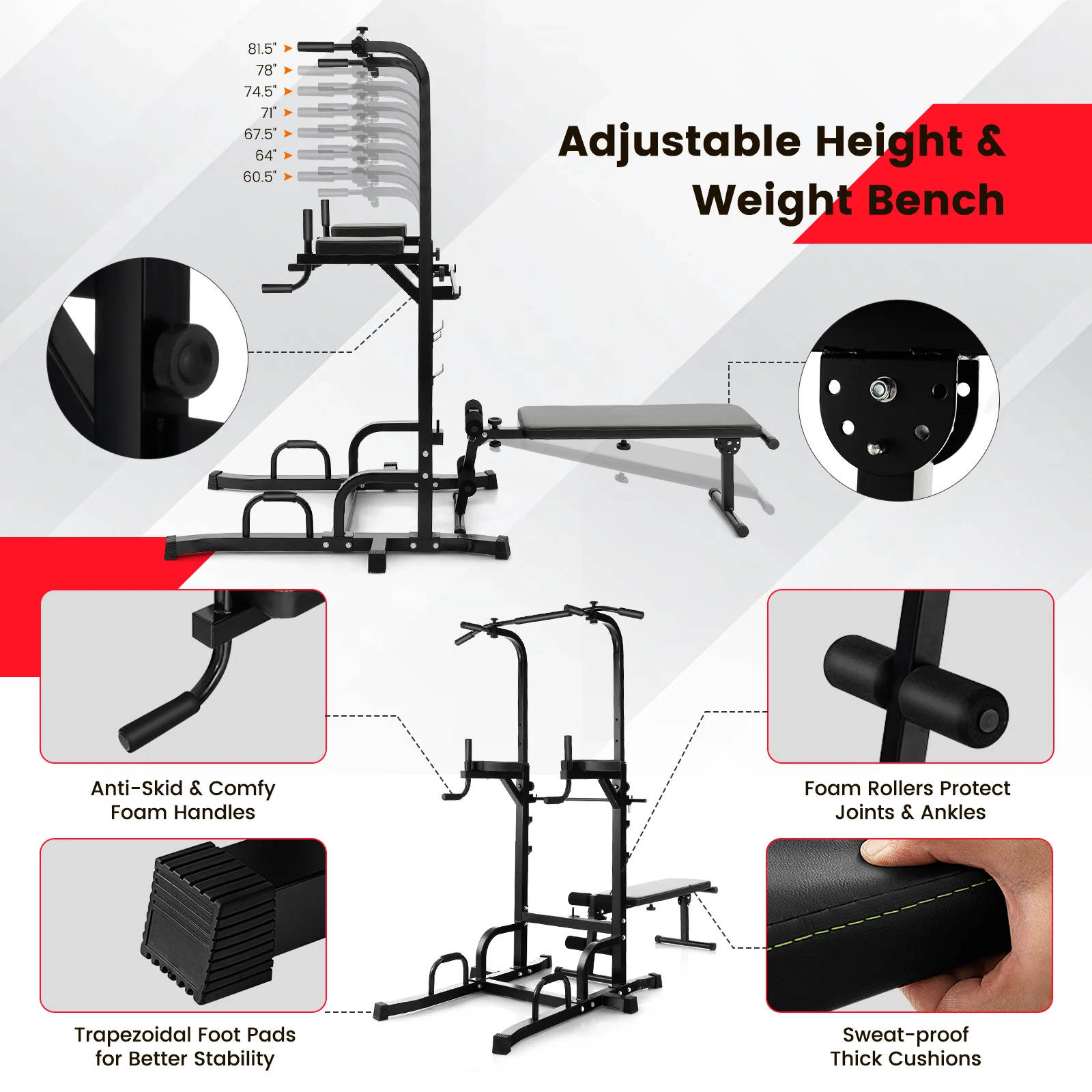 Power Tower Pull Up Bar Stand with Adjustable Heights and Bench - Image 4