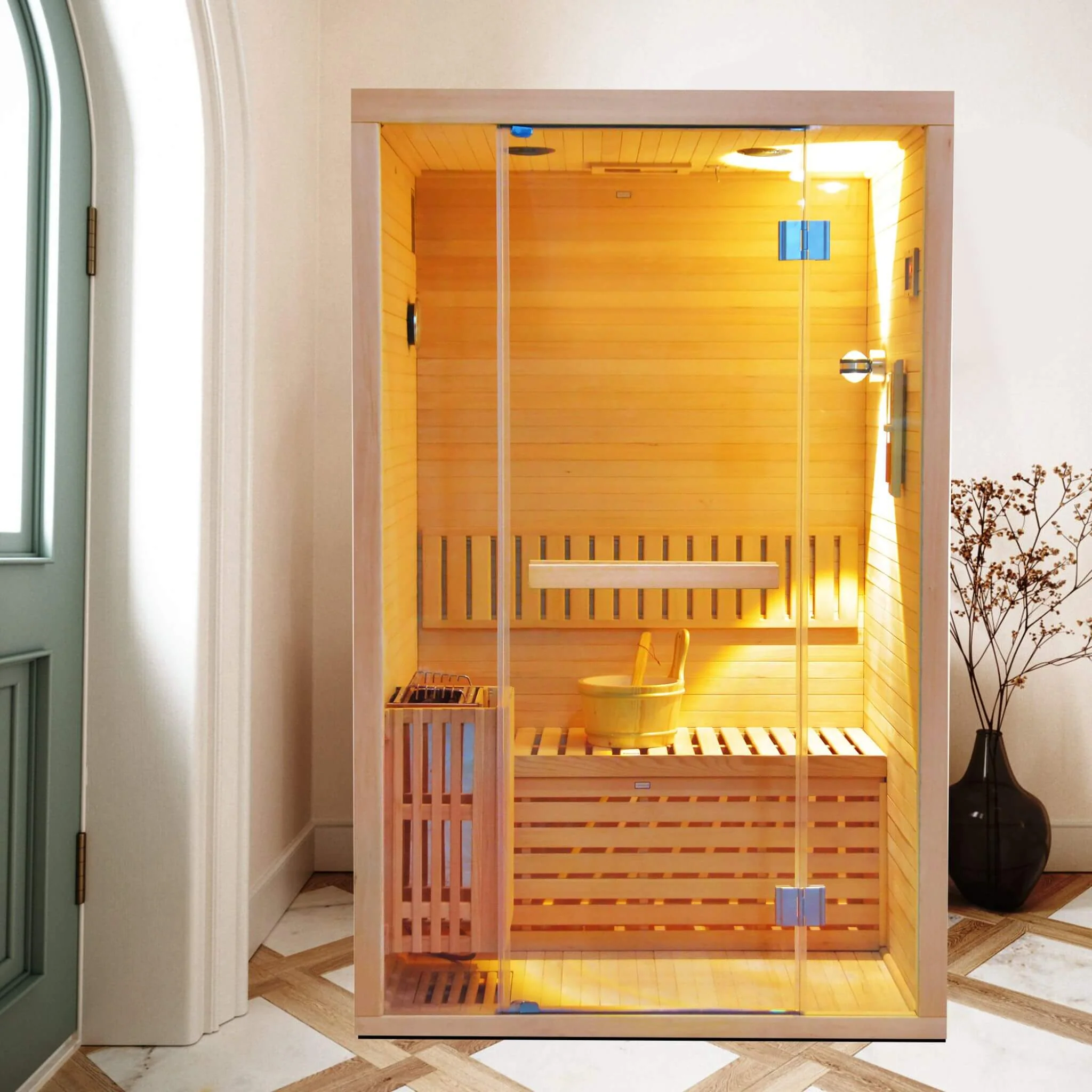 Thermora Alpine Premium 2-Person 3KW Hemlock Wood Sauna with LED Wall Light - Image 5