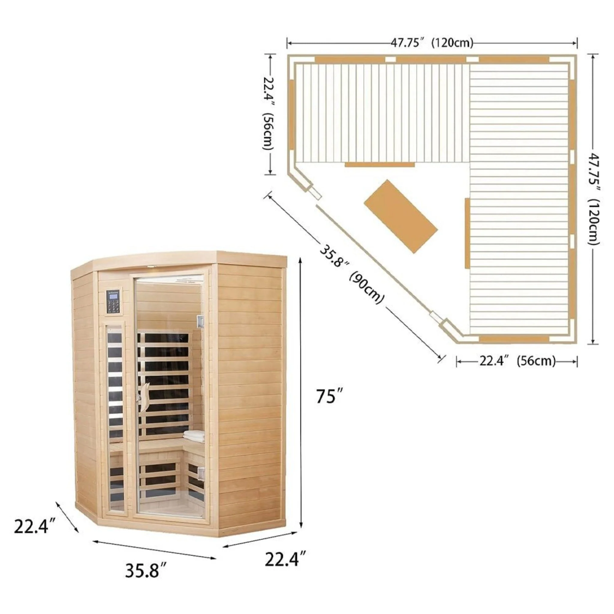 Thermora Premium 2-Person Corner Space Infrared Wooden Sauna Room With Bluetooth Speakers 1600W - Image 10