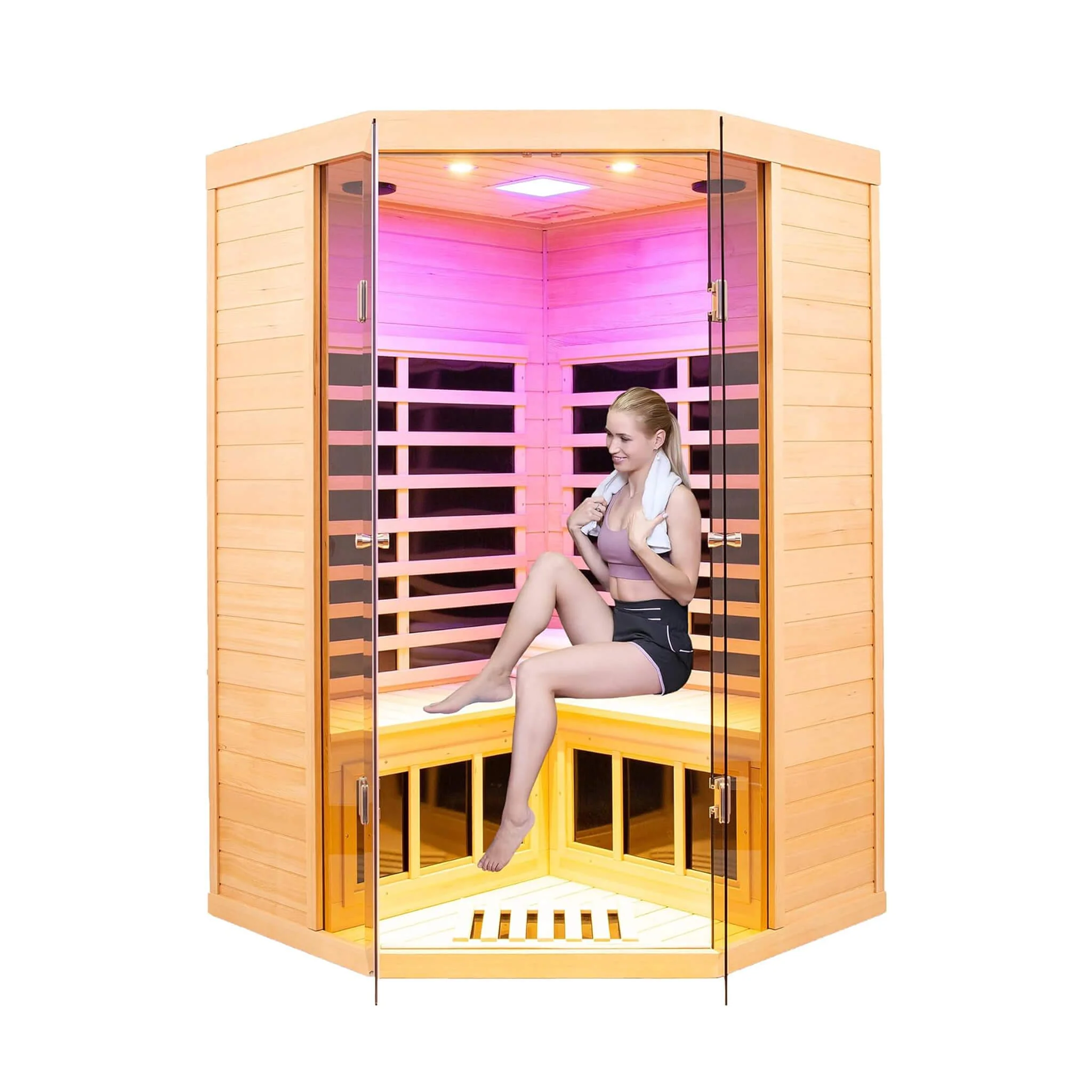Thermora Premium 2-Person Corner Space Infrared Wooden Sauna Room With Bluetooth Speakers 1600W - Image 12
