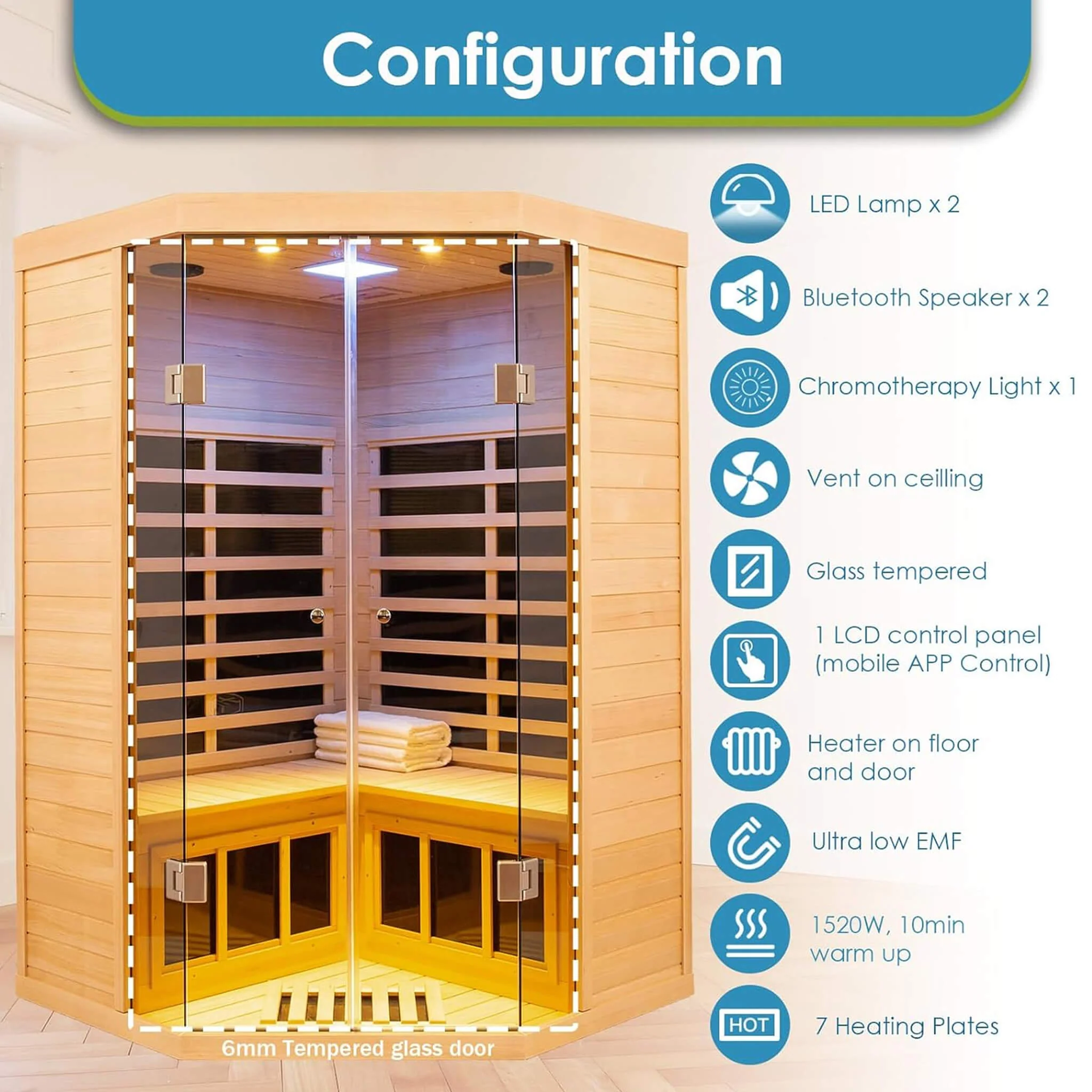 Thermora Premium 2-Person Corner Space Infrared Wooden Sauna Room With Bluetooth Speakers 1600W - Image 5