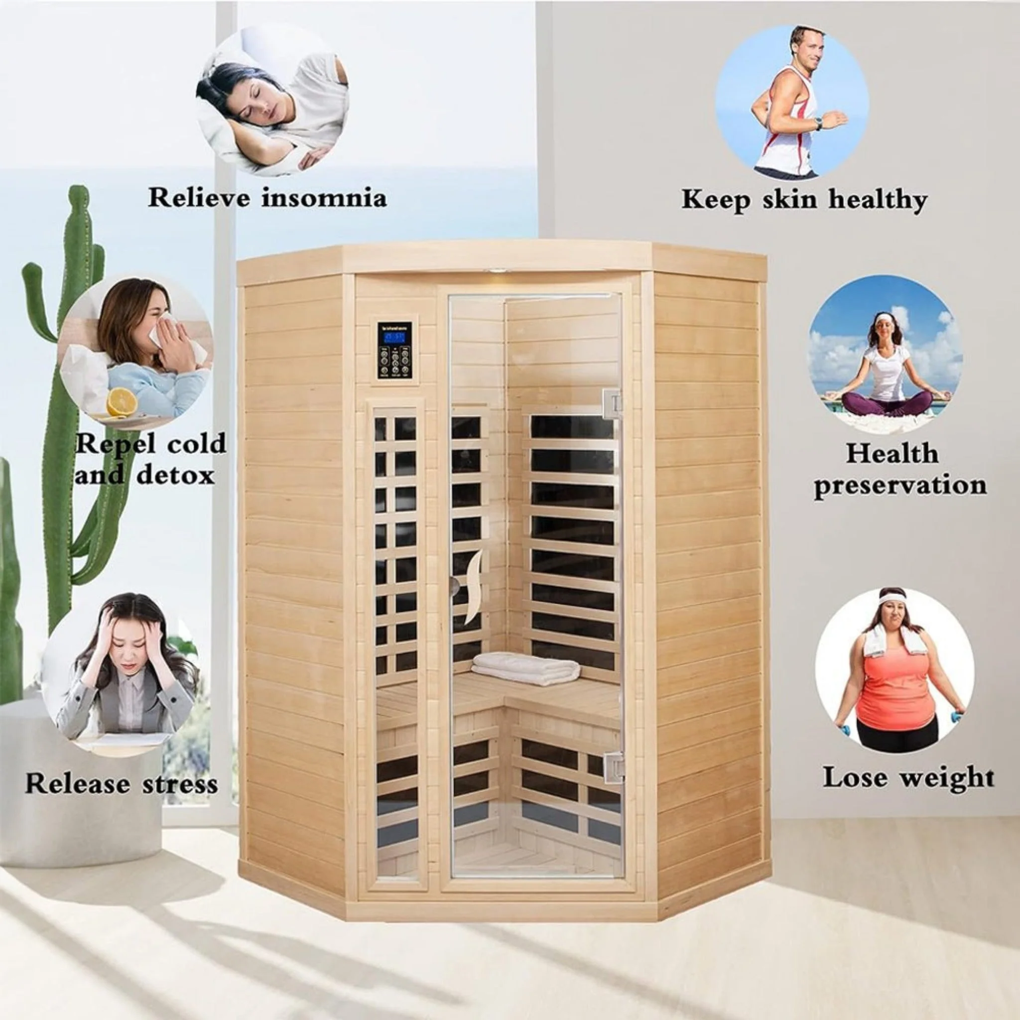 Thermora Premium 2-Person Corner Space Infrared Wooden Sauna Room With Bluetooth Speakers 1600W - Image 7